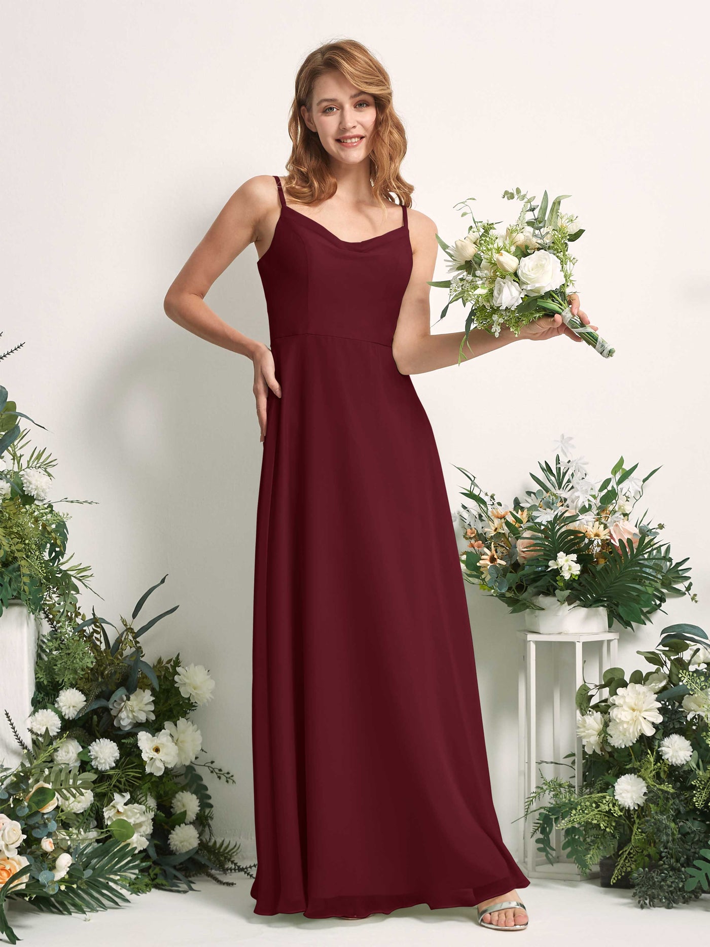 Bridesmaid Dress A-line Chiffon Spaghetti-straps Full Length Sleeveless Wedding Party Dress - Burgundy (81227212)#color_burgundy