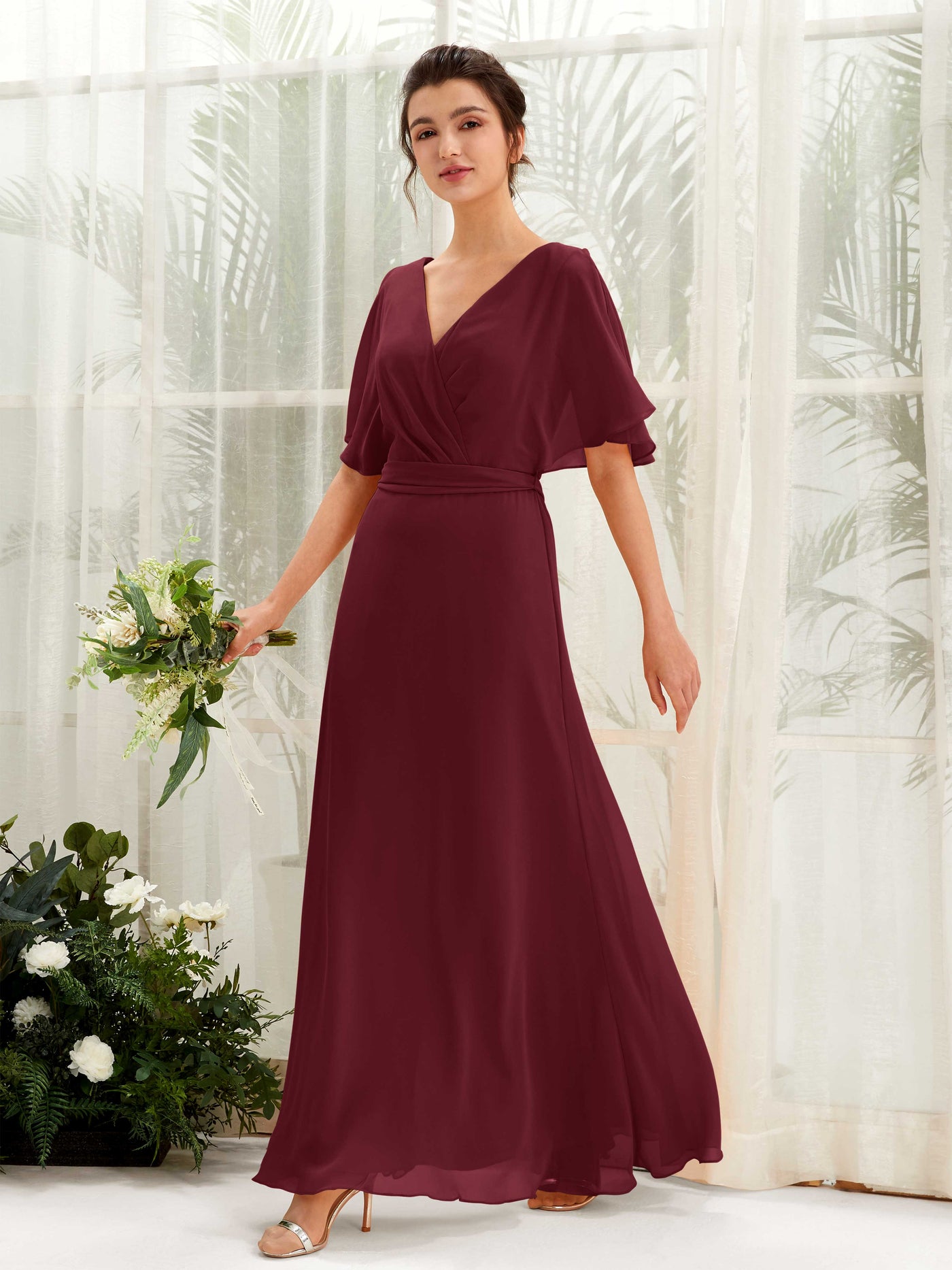 Burgundy Bridesmaid Dresses Bridesmaid Dress A-line Chiffon V-neck Full Length Short Sleeves Wedding Party Dress (81222412)#color_burgundy