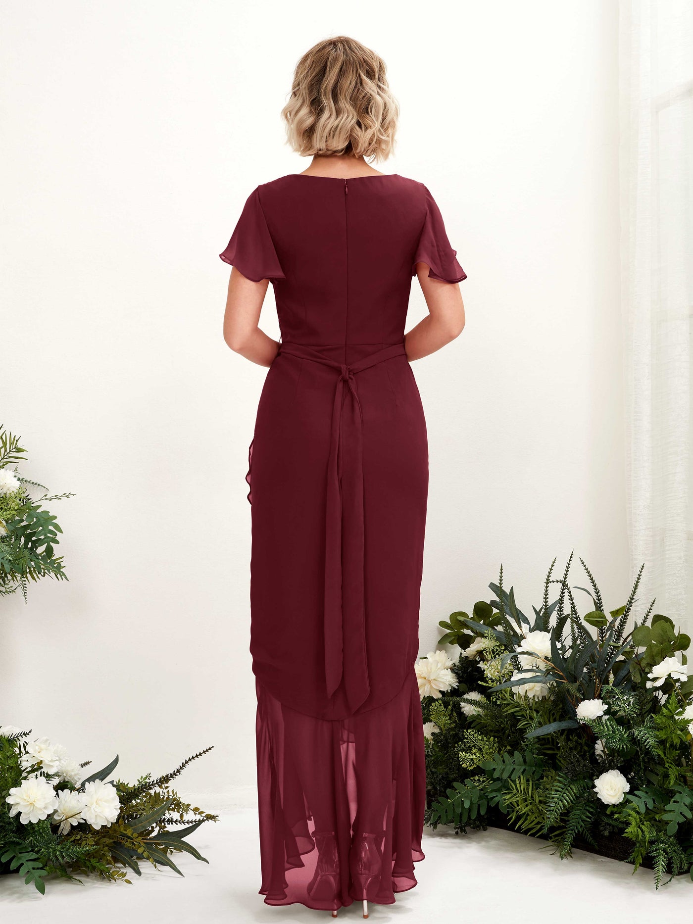 V-neck Short Sleeves Chiffon Bridesmaid Dress - Burgundy (81226212)#color_burgundy