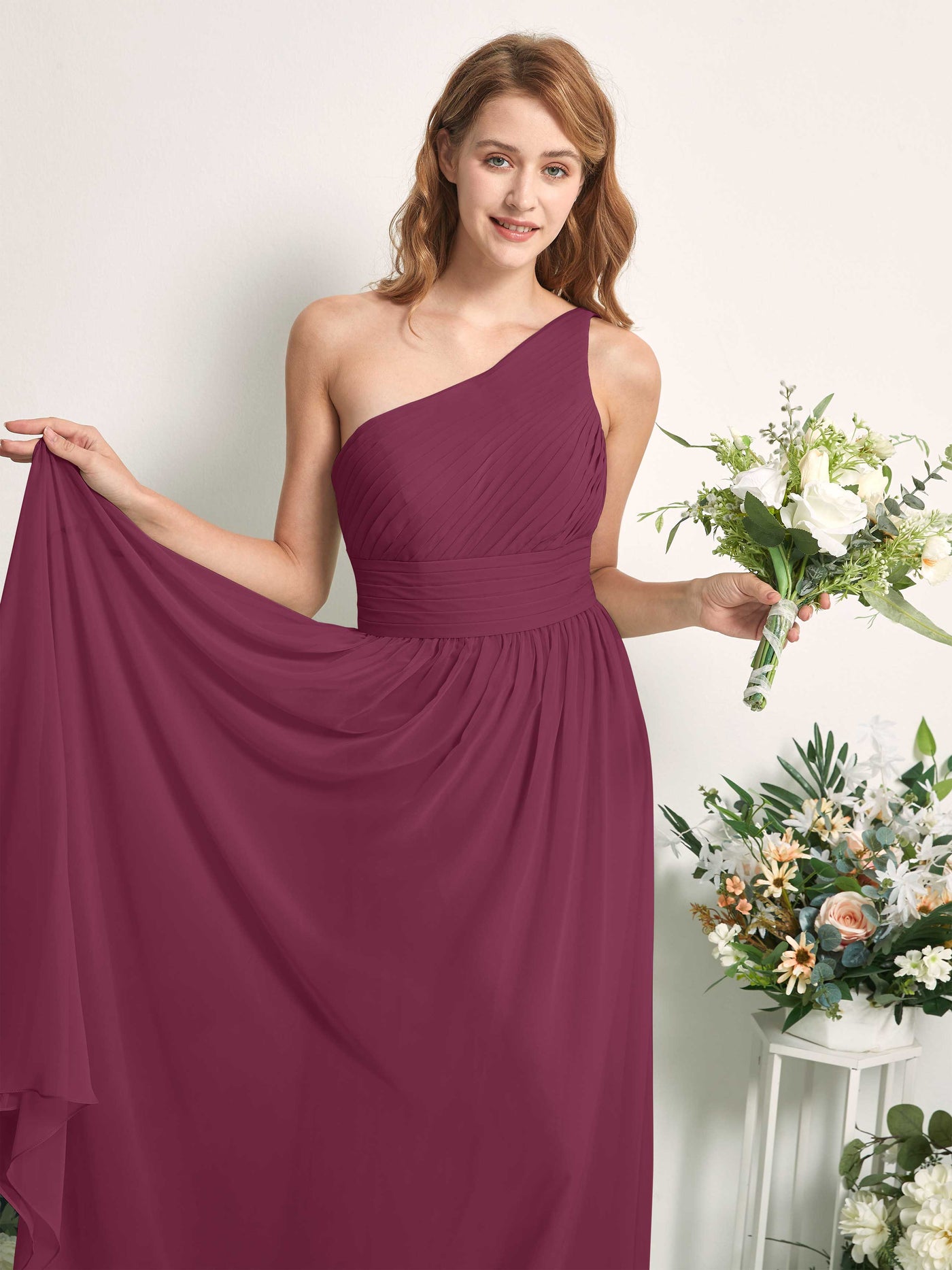 Bridesmaid Dress A-line Chiffon One Shoulder Full Length Sleeveless Wedding Party Dress - Chianti (81226734)#color_chianti