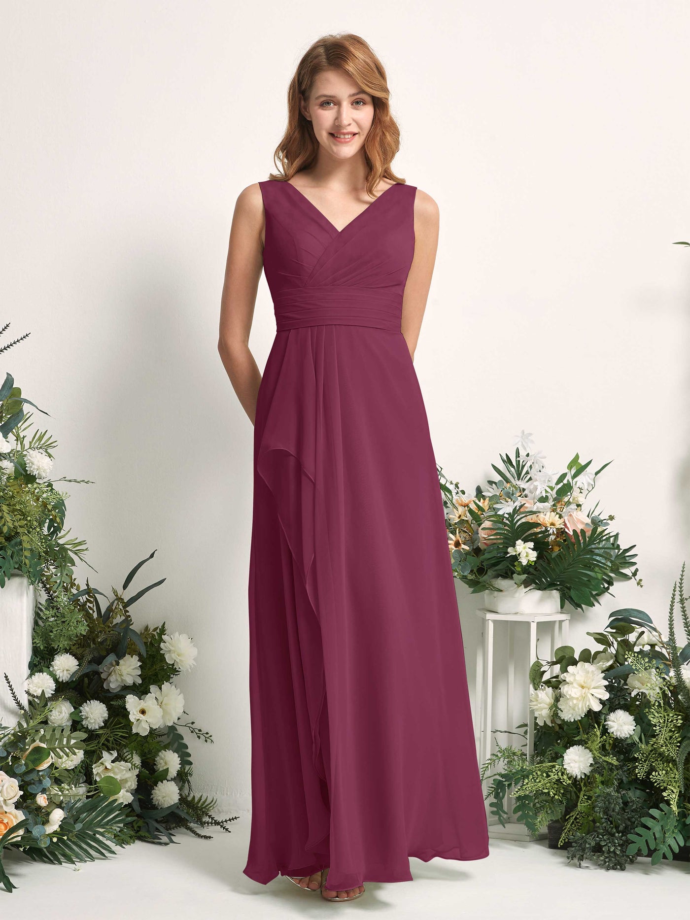 Bridesmaid Dress A-line Chiffon V-neck Full Length Sleeveless Wedding Party Dress - Chianti (81227134)#color_chianti