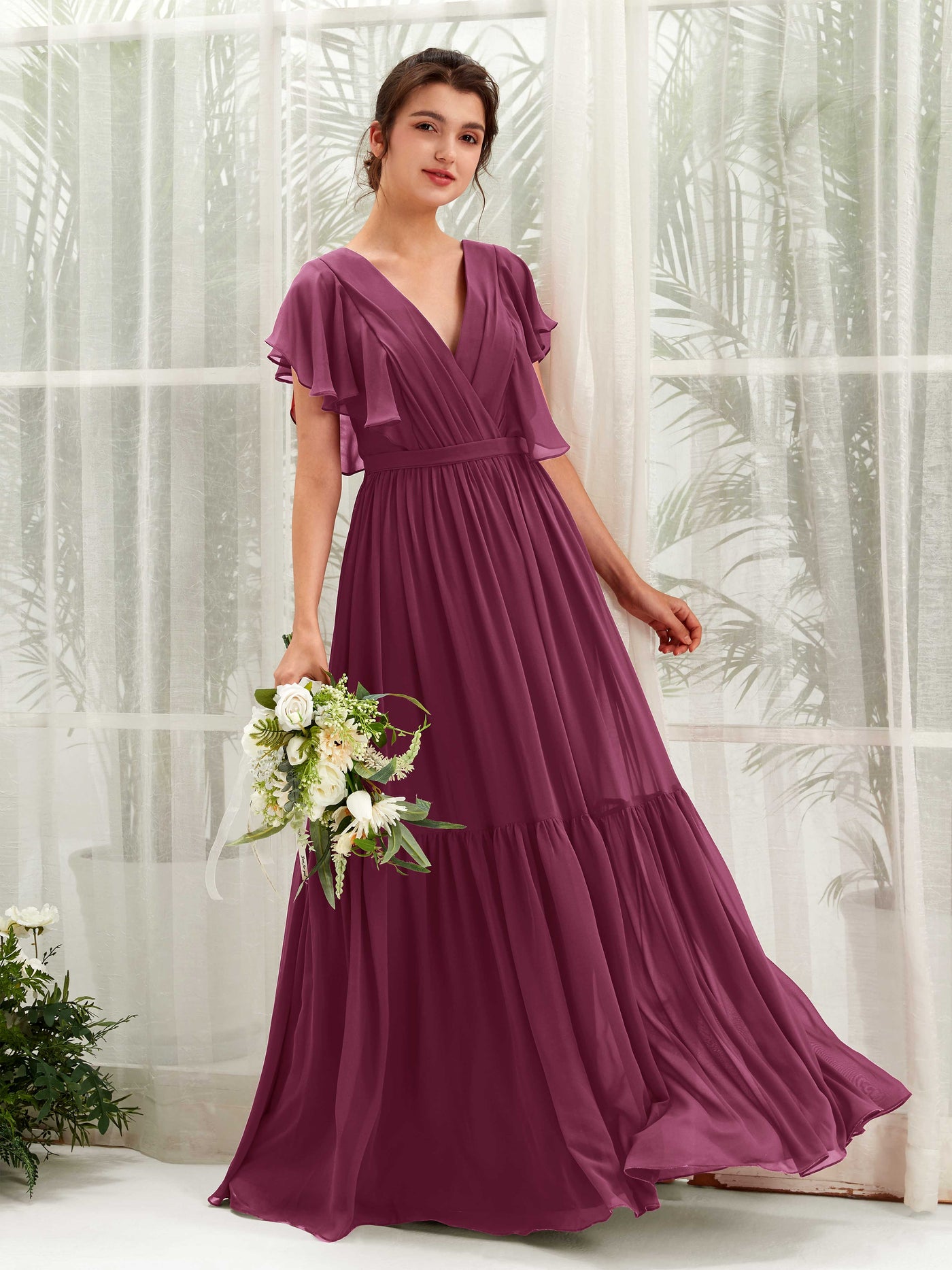 Chianti Bridesmaid Dresses Bridesmaid Dress A-line Chiffon V-neck Full Length Short Sleeves Wedding Party Dress (81225934)#color_chianti