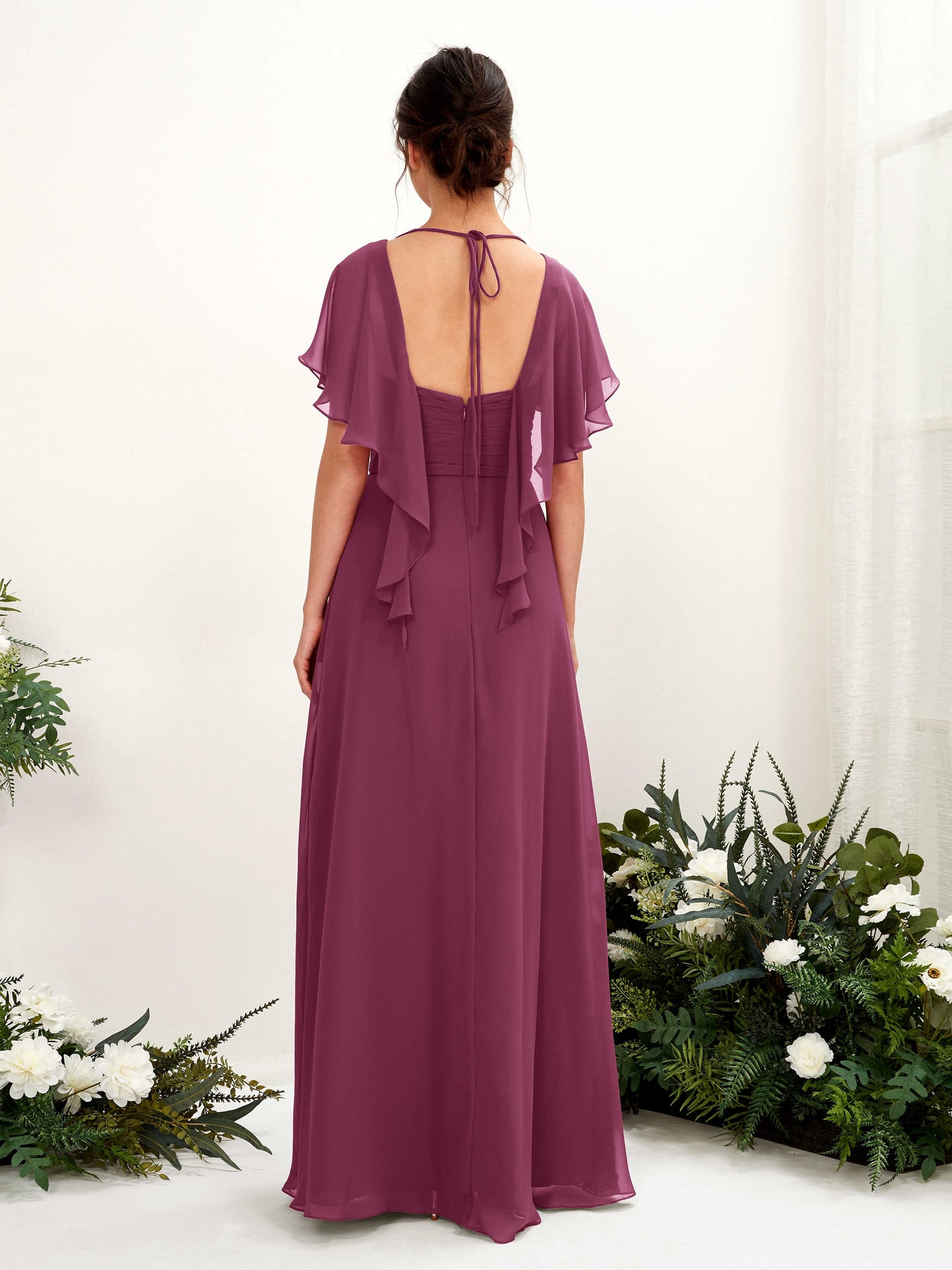 Open back V-neck Short Sleeves Chiffon Bridesmaid Dress - Chianti (81226134)#color_chianti