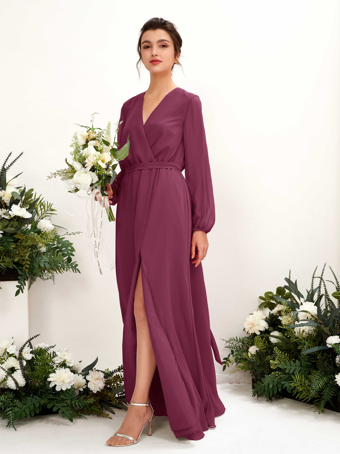 Chianti Bridesmaid Dresses Bridesmaid Dress A-line Chiffon V-neck Full Length Long Sleeves Wedding Party Dress (81223234)#color_chianti