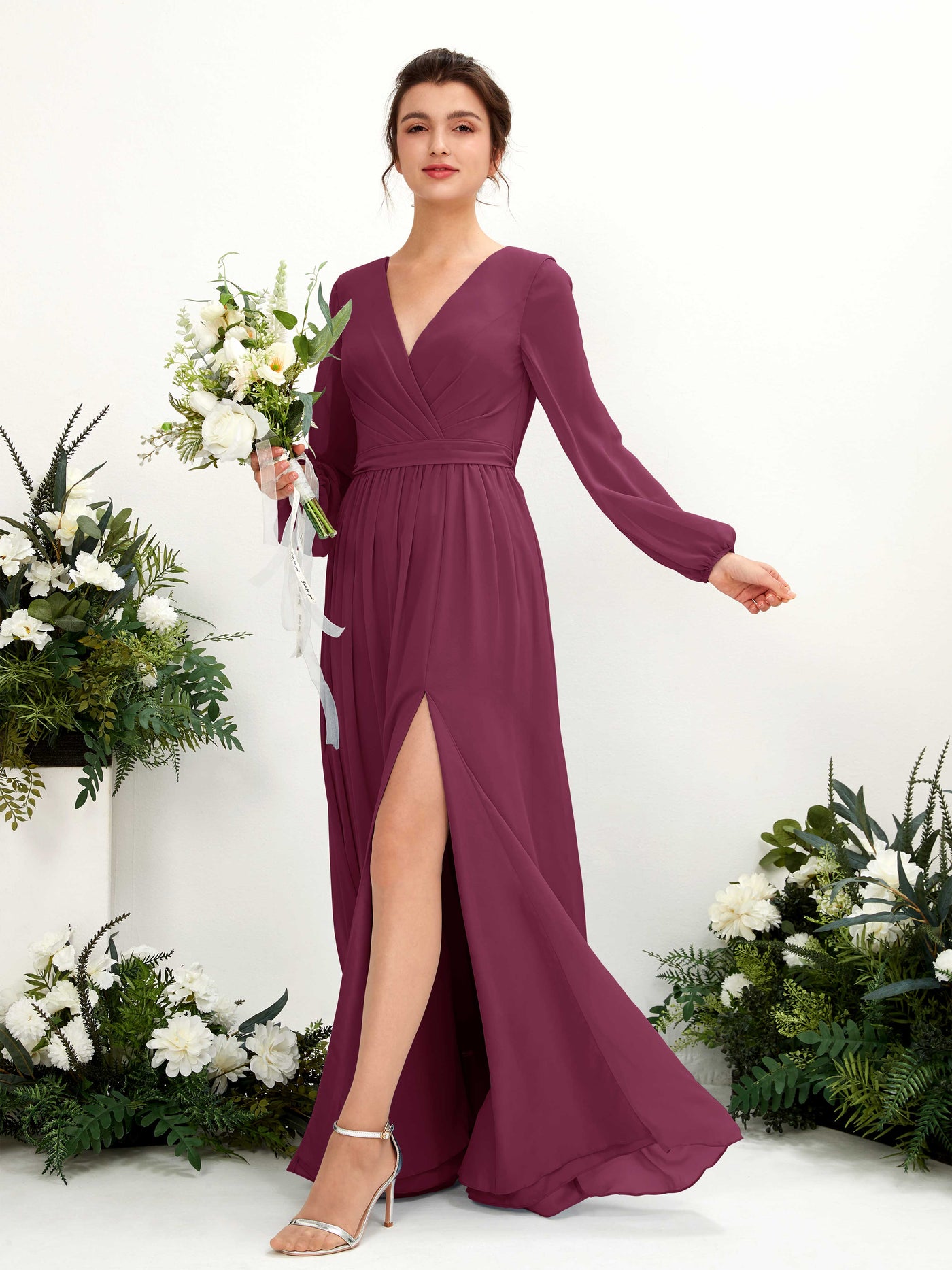 Chianti Bridesmaid Dresses Bridesmaid Dress A-line Chiffon V-neck Full Length Long Sleeves Wedding Party Dress (81223834)#color_chianti