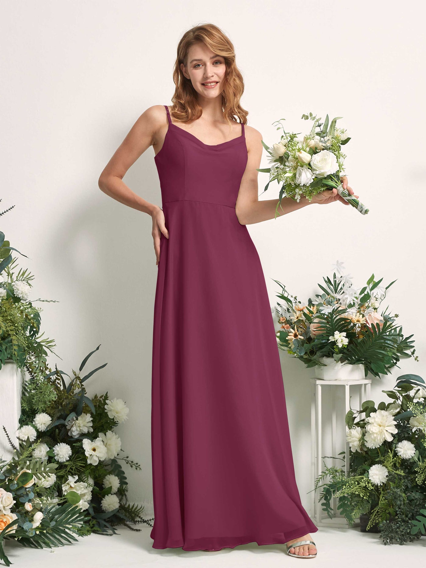 Bridesmaid Dress A-line Chiffon Spaghetti-straps Full Length Sleeveless Wedding Party Dress - Chianti (81227234)#color_chianti