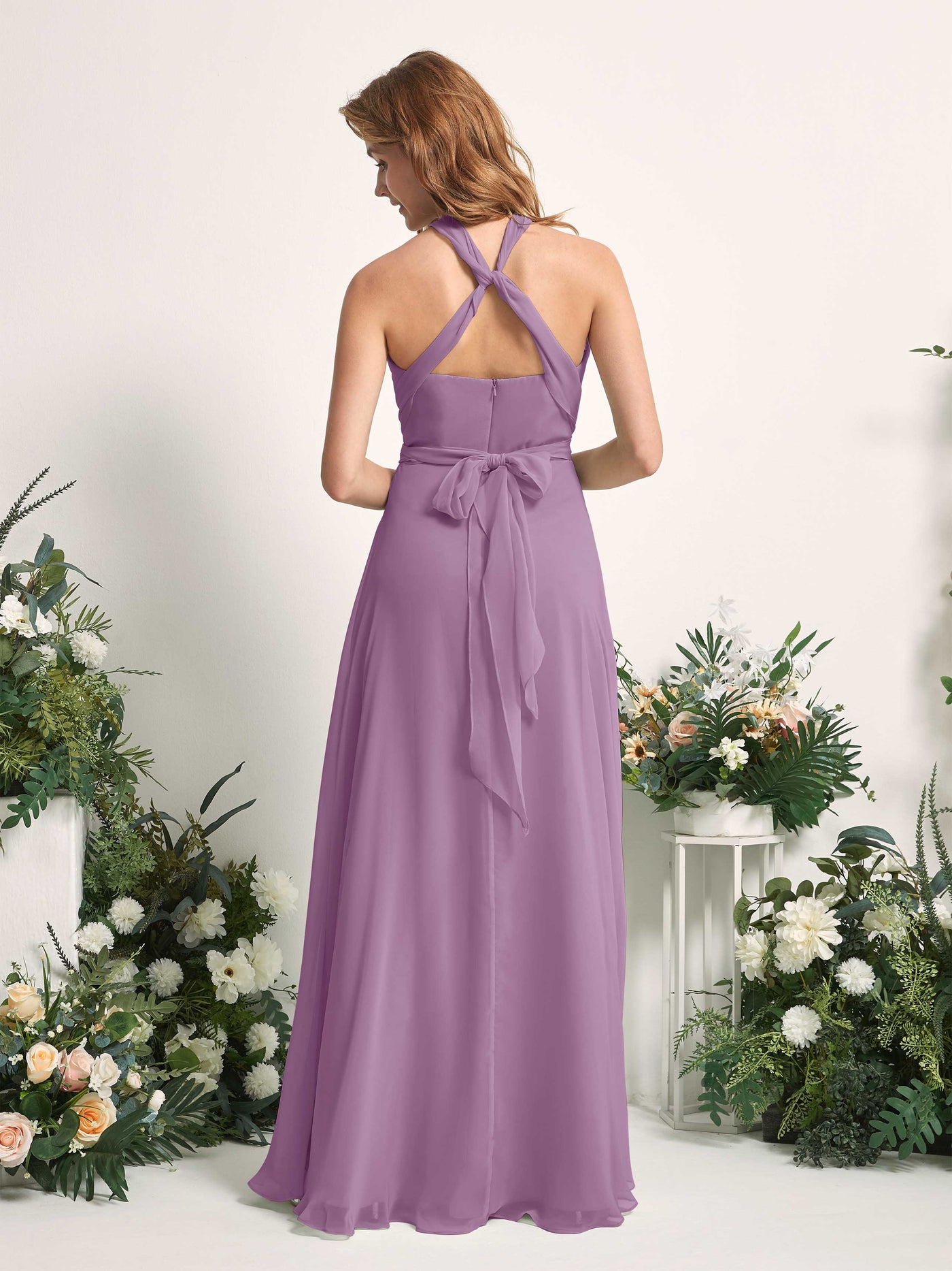 Orchid Mist Bridesmaid Dresses Bridesmaid Dress A-line Chiffon Halter Full Length Short Sleeves Wedding Party Dress (81226321)#color_orchid-mist