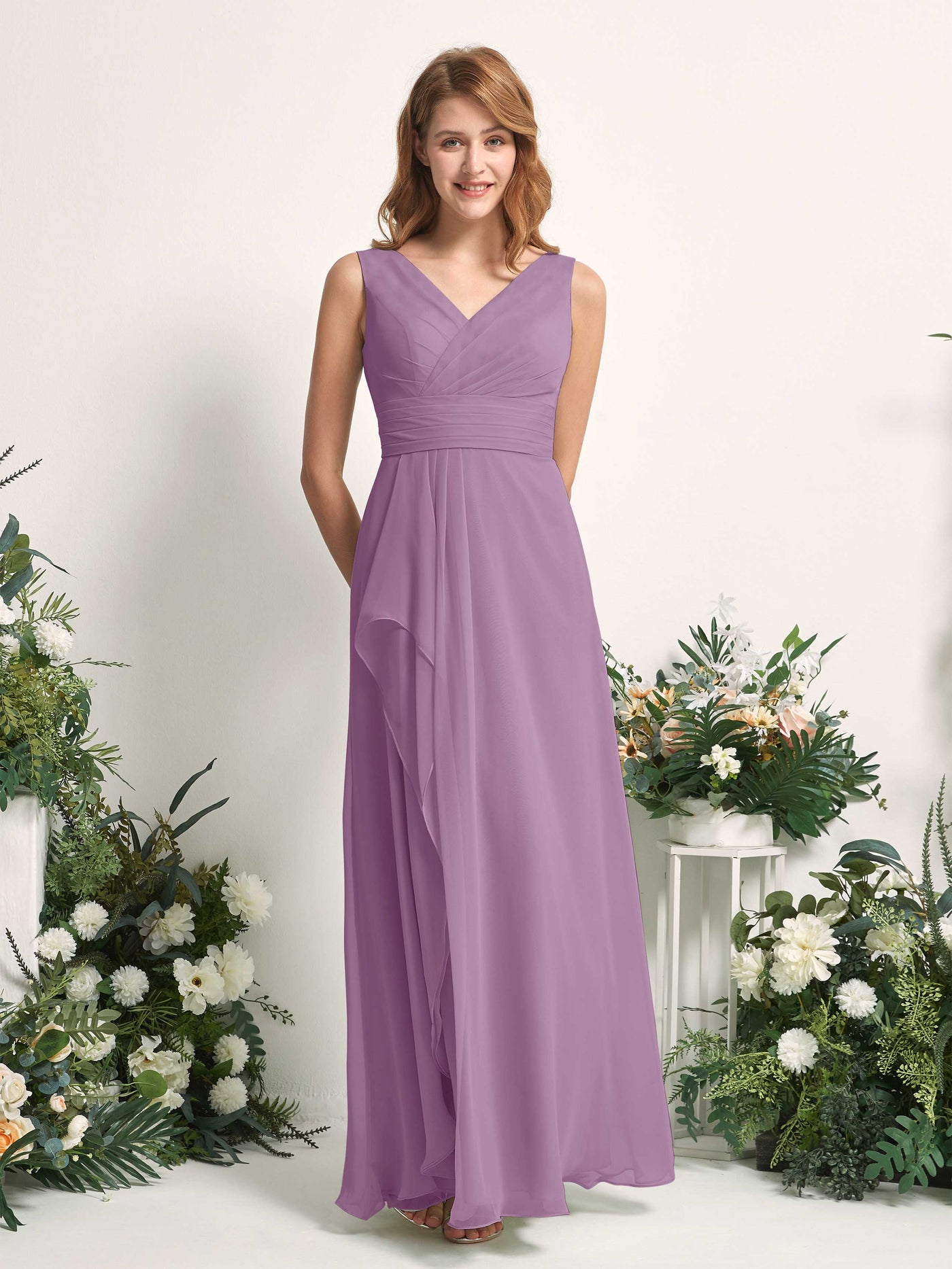 Bridesmaid Dress A-line Chiffon V-neck Full Length Sleeveless Wedding Party Dress - Orchid Mist (81227121)#color_orchid-mist
