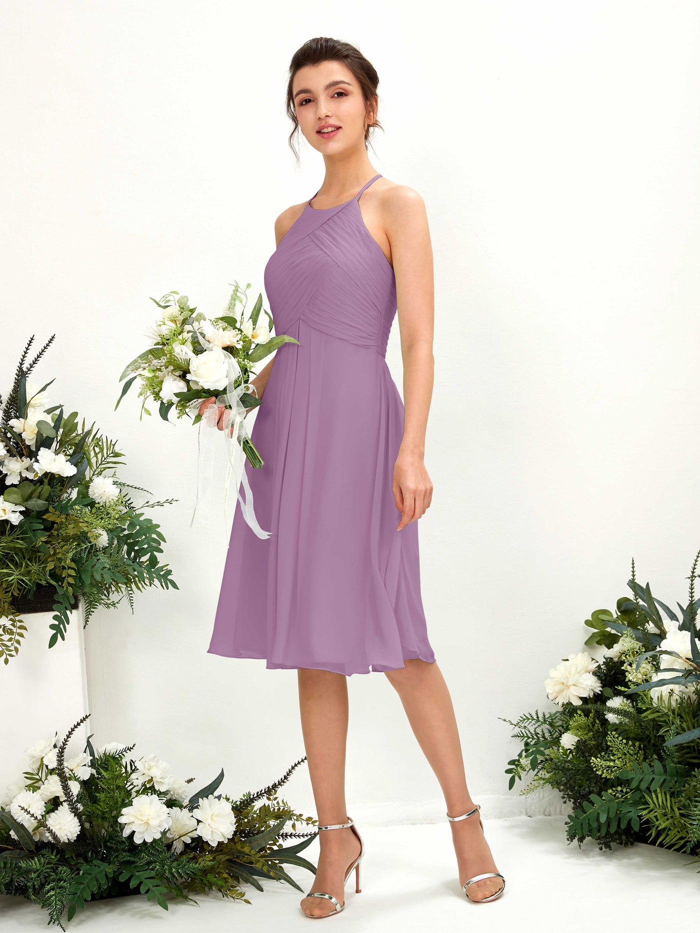 Orchid Mist Bridesmaid Dresses Bridesmaid Dress A-line Chiffon Halter Knee Length Sleeveless Wedding Party Dress (81220421)#color_orchid-mist