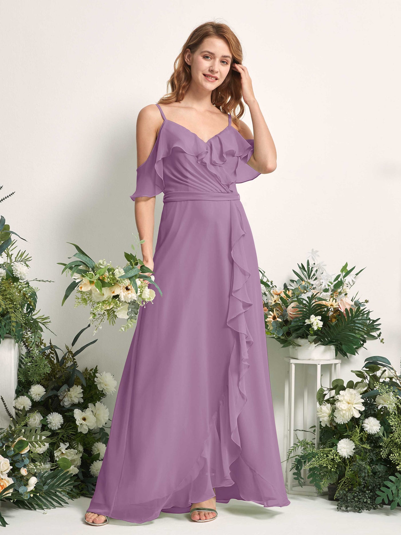 Bridesmaid Dress A-line Chiffon Spaghetti-straps Full Length Sleeveless Wedding Party Dress - Orchid Mist (81227421)#color_orchid-mist
