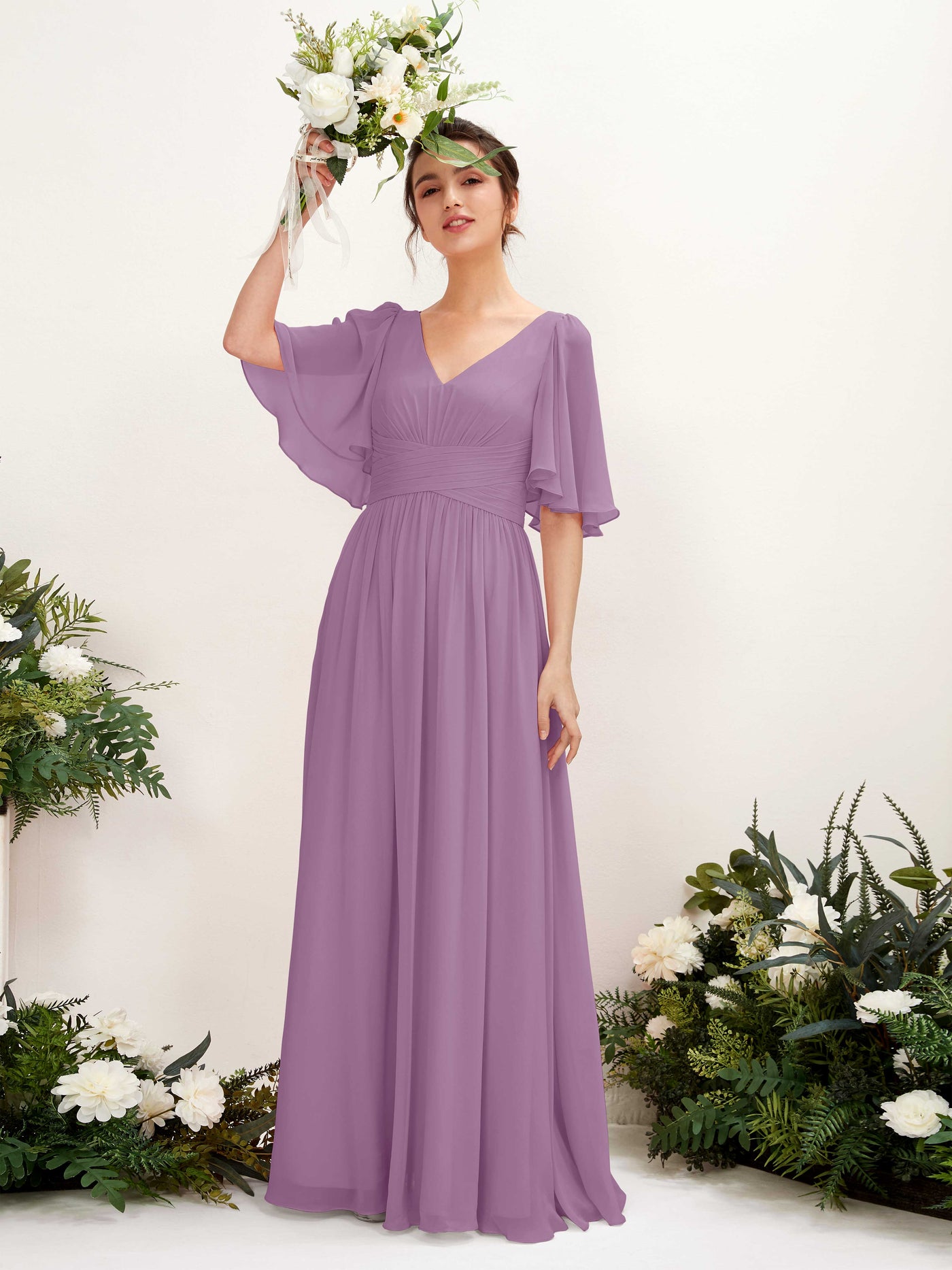 Orchid Mist Bridesmaid Dresses Bridesmaid Dress A-line Chiffon V-neck Full Length 1/2 Sleeves Wedding Party Dress (81221621)#color_orchid-mist
