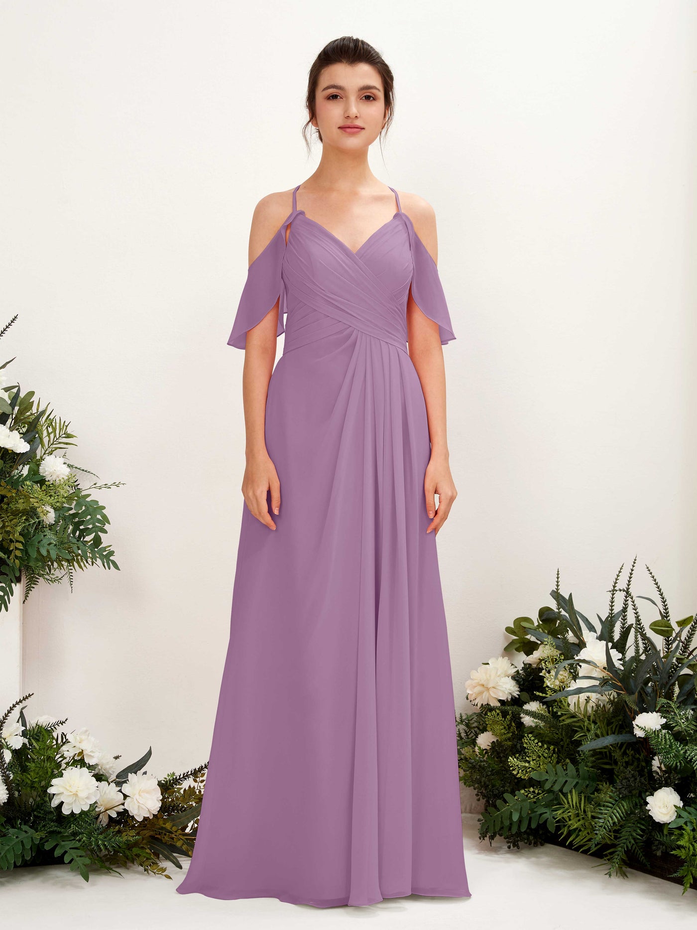 Ball Gown Off Shoulder Spaghetti-straps Chiffon Bridesmaid Dress - Orchid Mist (81221721)#color_orchid-mist