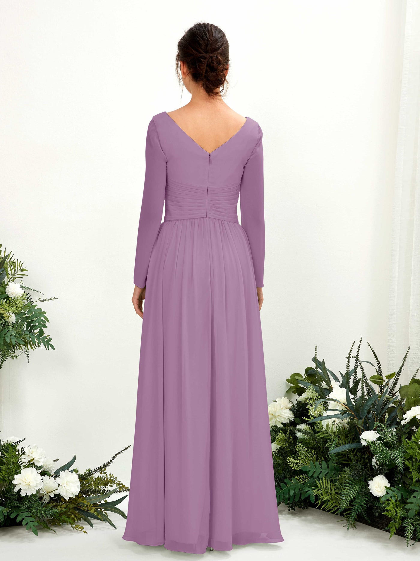 Orchid Mist Bridesmaid Dresses Bridesmaid Dress A-line Chiffon V-neck Full Length Long Sleeves Wedding Party Dress (81220321)#color_orchid-mist