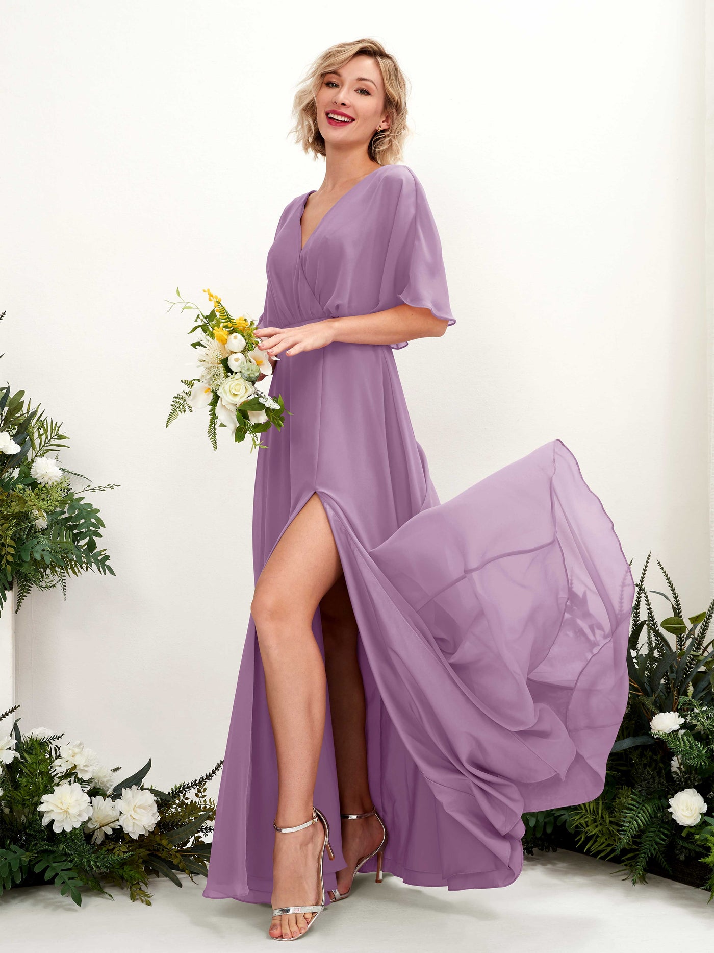 Orchid Mist Bridesmaid Dresses Bridesmaid Dress A-line Chiffon V-neck Full Length Short Sleeves Wedding Party Dress (81225121)#color_orchid-mist