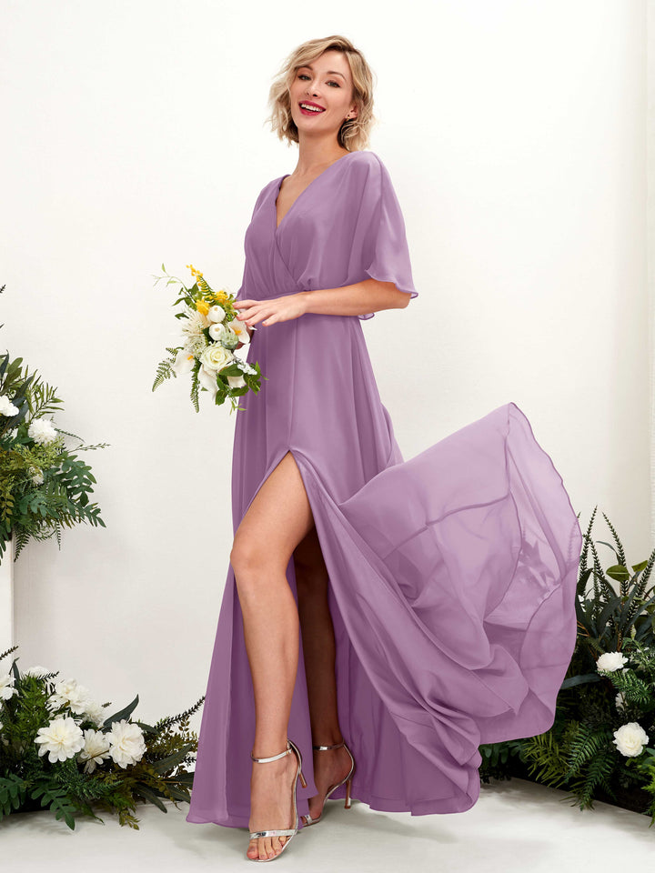 Orchid Mist Bridesmaid Dresses Bridesmaid Dress A-line Chiffon V-neck Full Length Short Sleeves Wedding Party Dress (81225121)