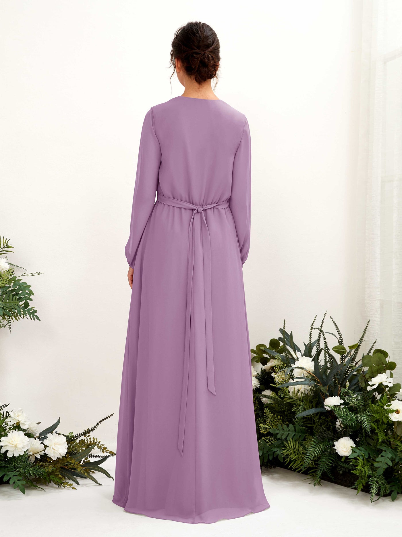 Orchid Mist Bridesmaid Dresses Bridesmaid Dress A-line Chiffon V-neck Full Length Long Sleeves Wedding Party Dress (81223221)#color_orchid-mist