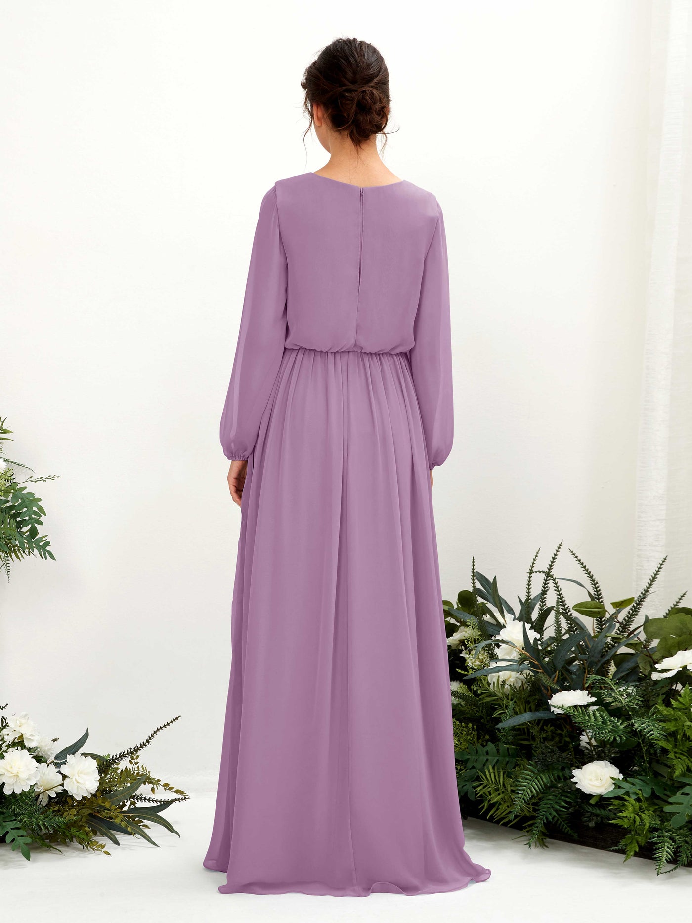 Orchid Mist Bridesmaid Dresses Bridesmaid Dress A-line Chiffon V-neck Full Length Long Sleeves Wedding Party Dress (81223821)#color_orchid-mist