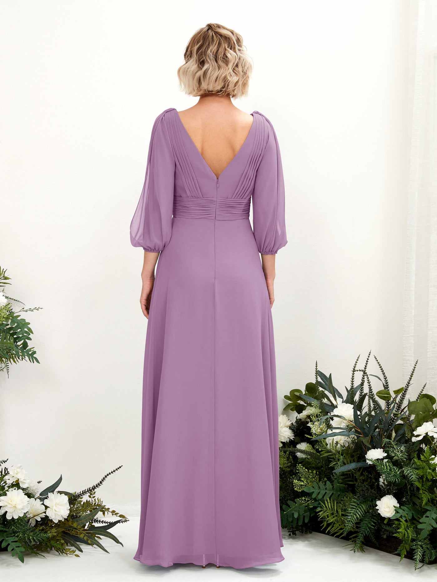 Orchid Mist Bridesmaid Dresses Bridesmaid Dress Chiffon V-neck Full Length Long Sleeves Wedding Party Dress (81223521)#color_orchid-mist