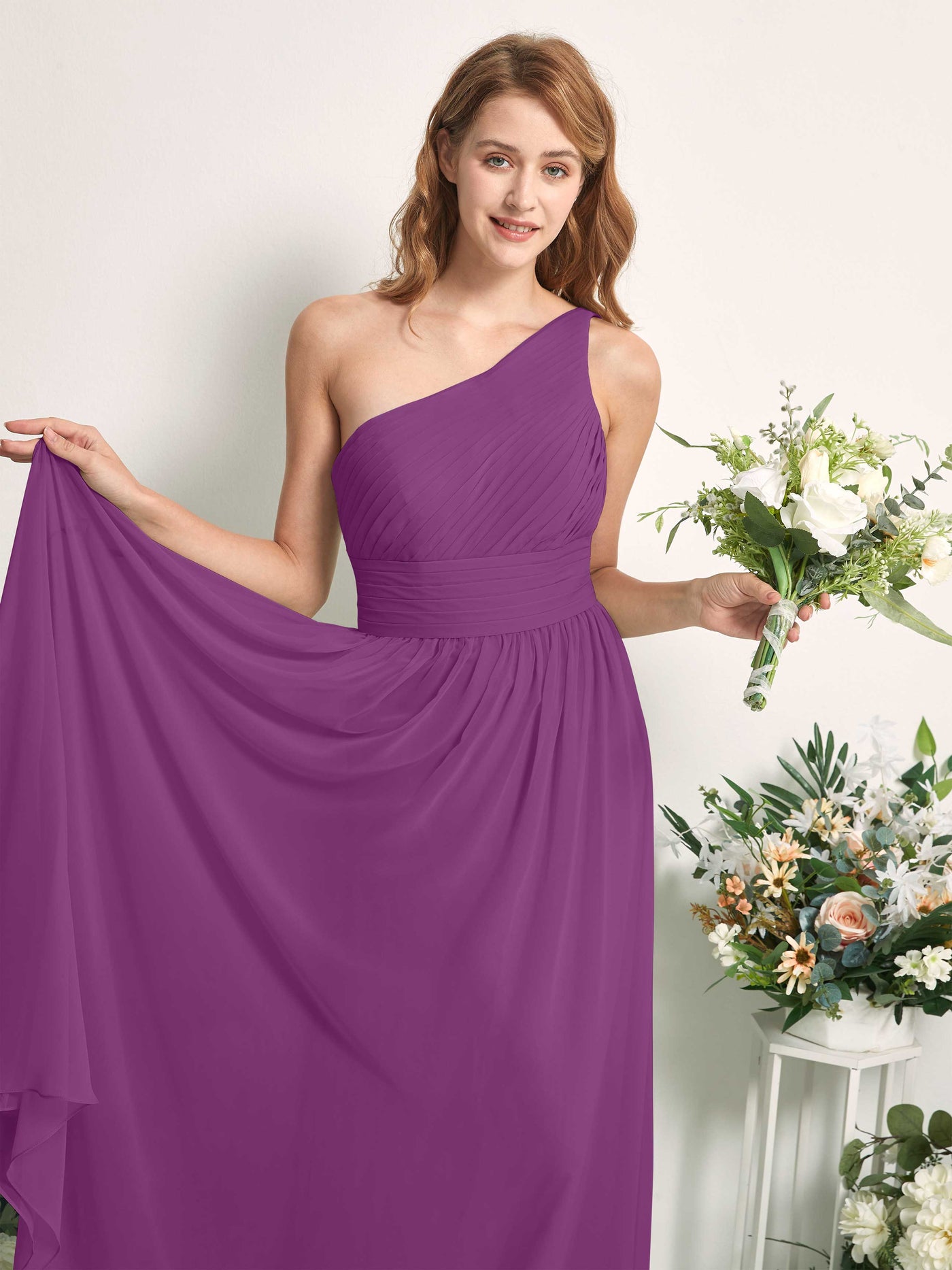 Bridesmaid Dress A-line Chiffon One Shoulder Full Length Sleeveless Wedding Party Dress - Purple (81226736)#color_purple