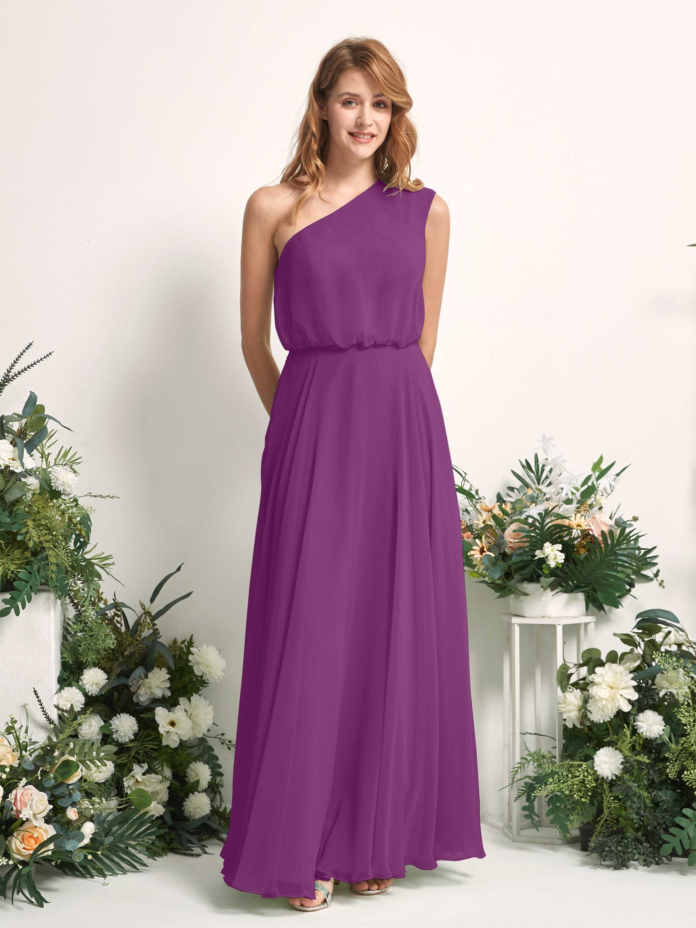 Bridesmaid Dress A-line Chiffon One Shoulder Full Length Sleeveless Wedding Party Dress - Purple (81226836)#color_purple