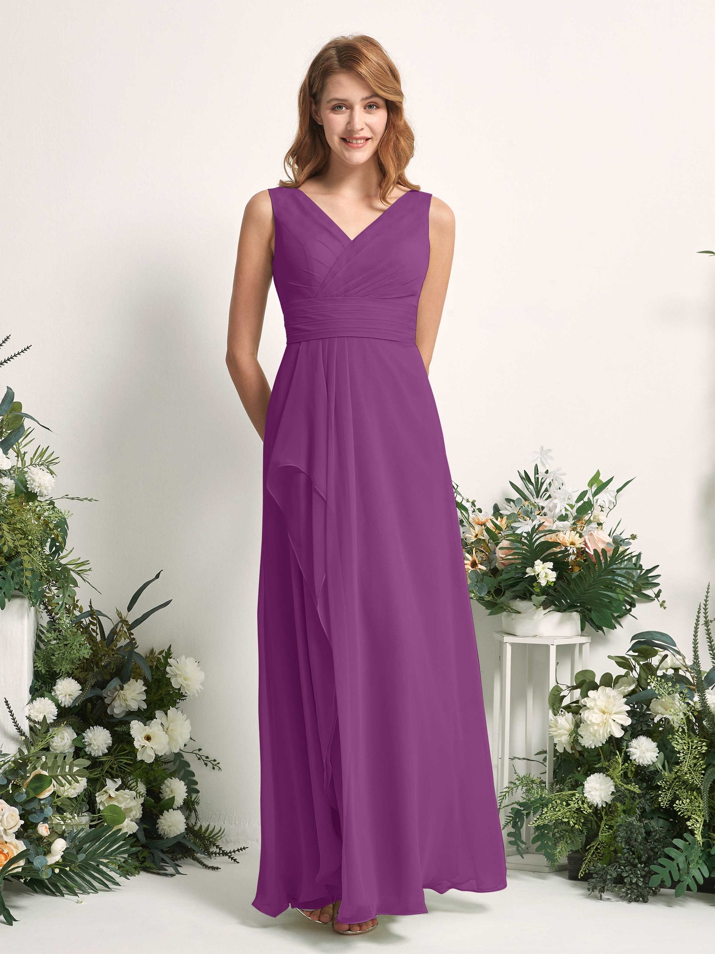 Bridesmaid Dress A-line Chiffon V-neck Full Length Sleeveless Wedding Party Dress - Purple (81227136)#color_purple