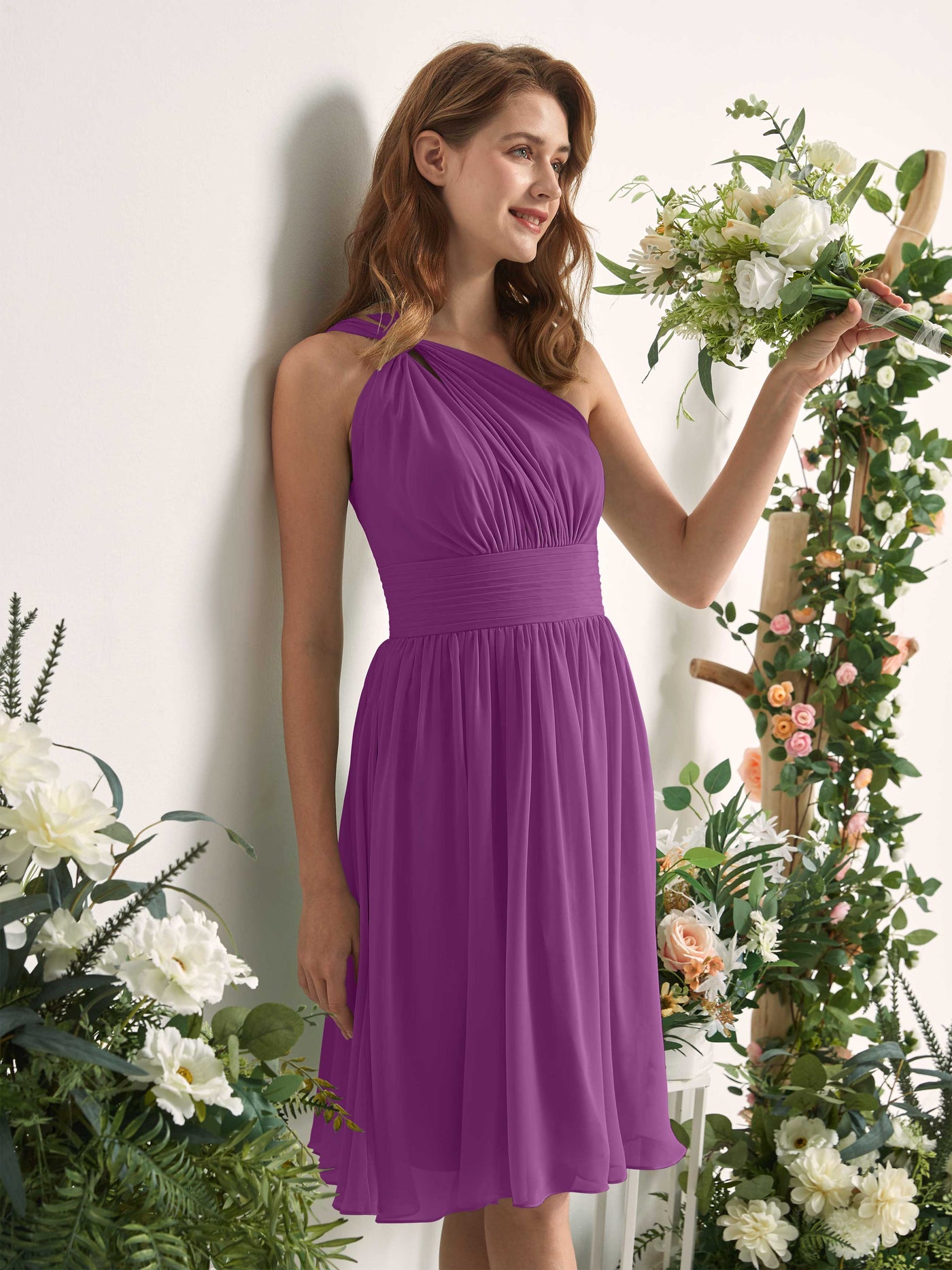 Bridesmaid Dress A-line Chiffon One Shoulder Knee Length Sleeveless Wedding Party Dress - Purple (81221236)#color_purple