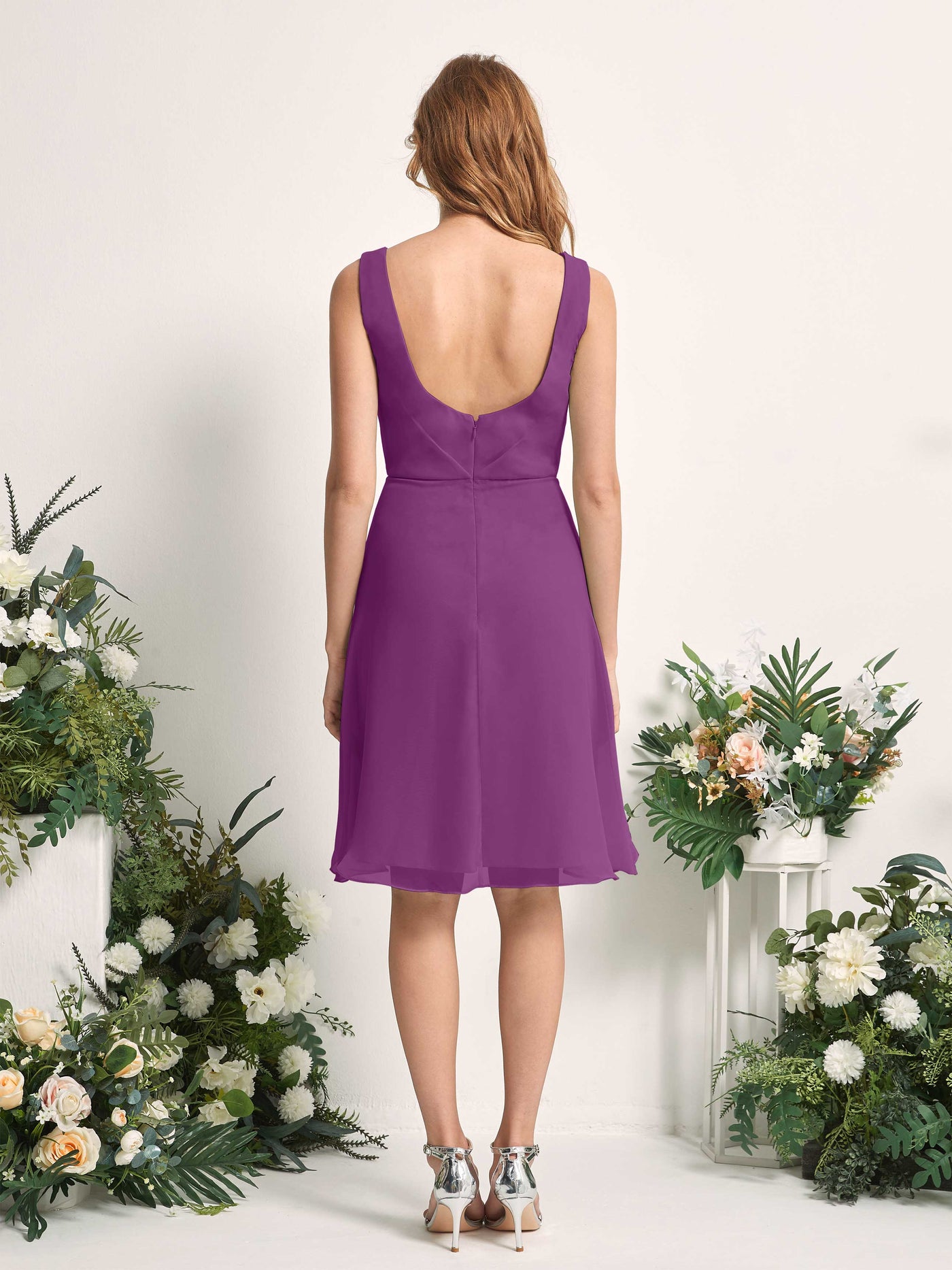 Bridesmaid Dress A-line Chiffon Straps Knee Length Sleeveless Wedding Party Dress - Purple (81226636)#color_purple