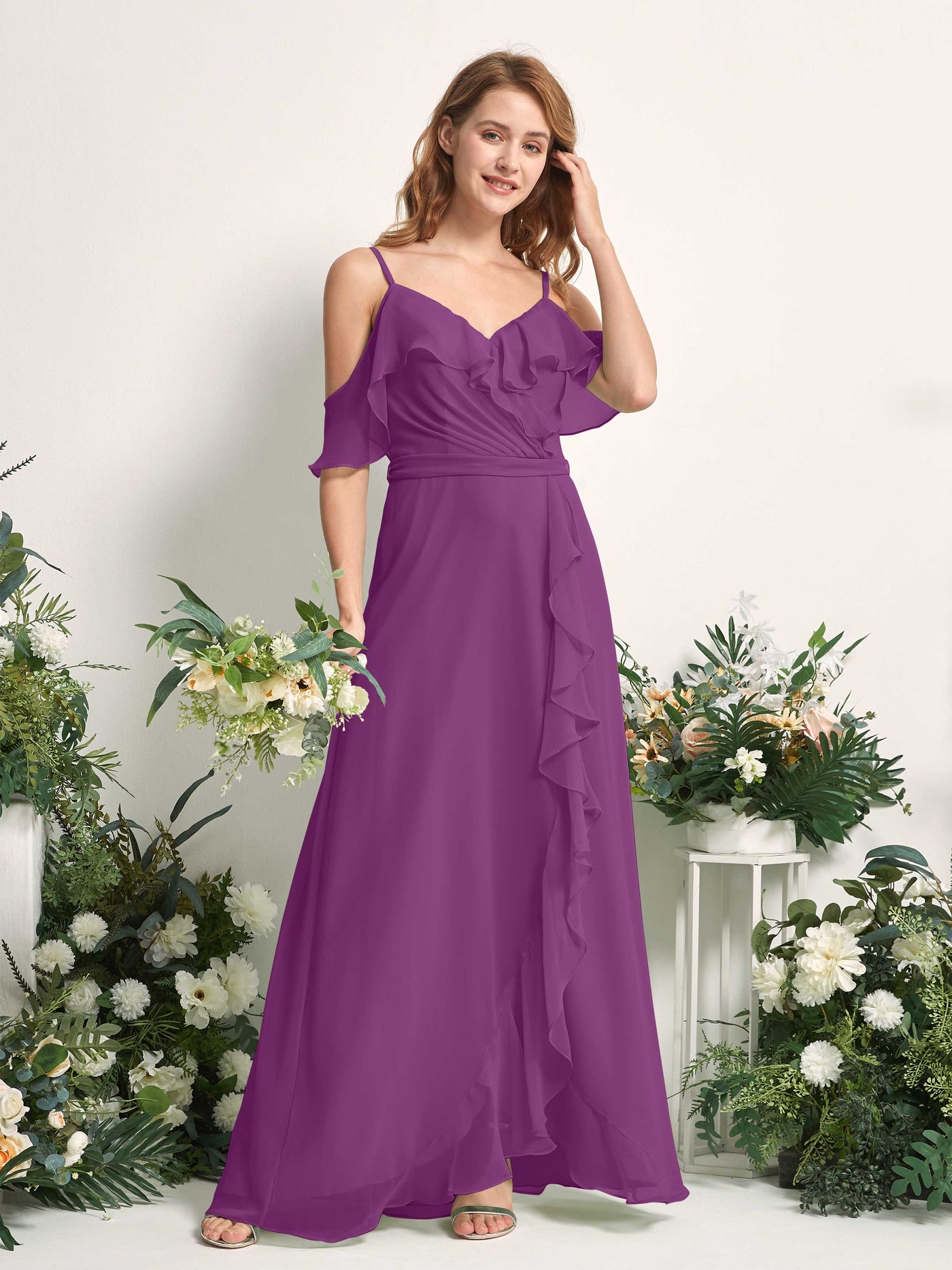 Bridesmaid Dress A-line Chiffon Spaghetti-straps Full Length Sleeveless Wedding Party Dress - Purple (81227436)#color_purple