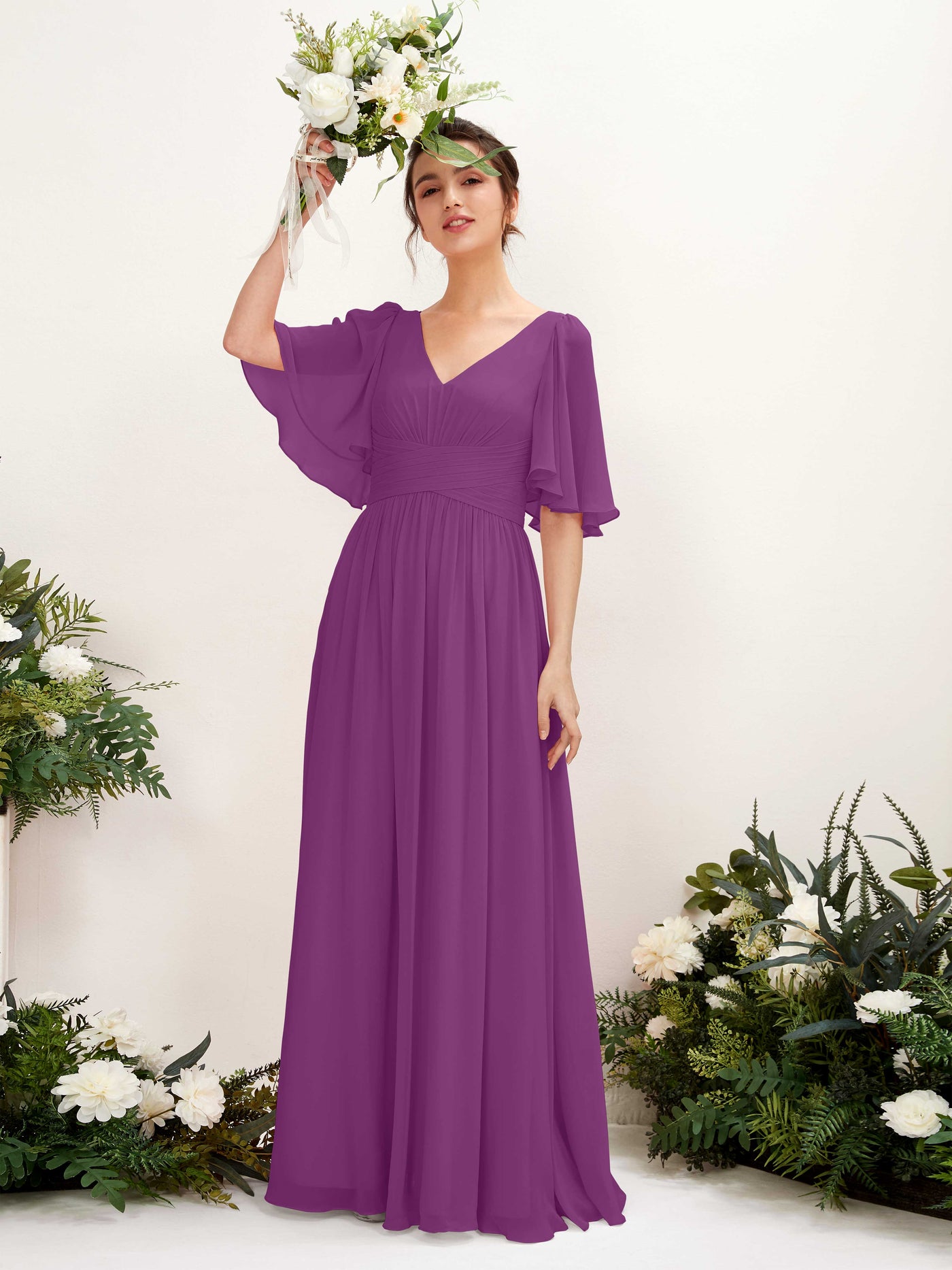 Purple Bridesmaid Dresses Bridesmaid Dress A-line Chiffon V-neck Full Length 1/2 Sleeves Wedding Party Dress (81221636)#color_purple