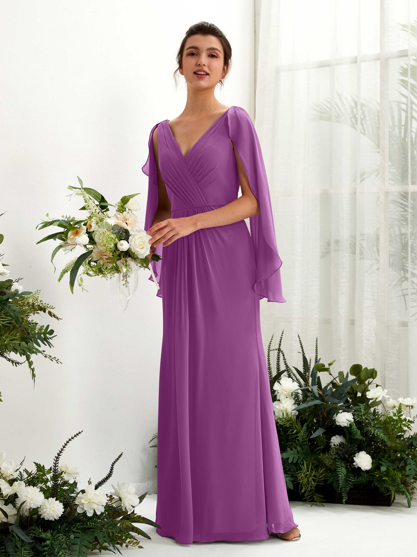 Purple Bridesmaid Dresses Bridesmaid Dress A-line Chiffon Straps Full Length Long Sleeves Wedding Party Dress (80220136)#color_purple