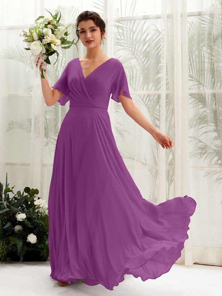 Purple Bridesmaid Dresses Bridesmaid Dress A-line Chiffon V-neck Full Length Short Sleeves Wedding Party Dress (81224636)