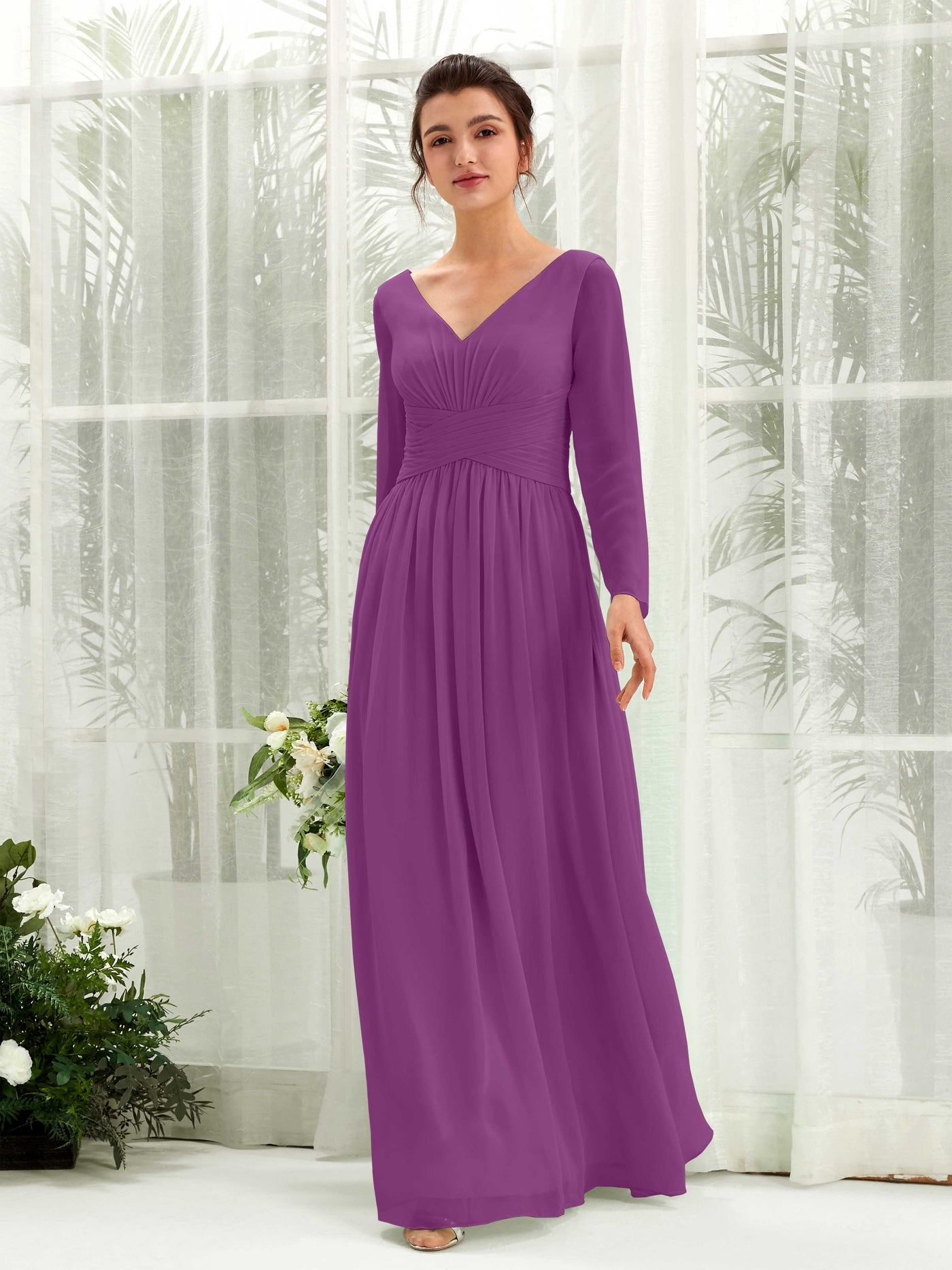 Purple Bridesmaid Dresses Bridesmaid Dress A-line Chiffon V-neck Full Length Long Sleeves Wedding Party Dress (81220336)#color_purple