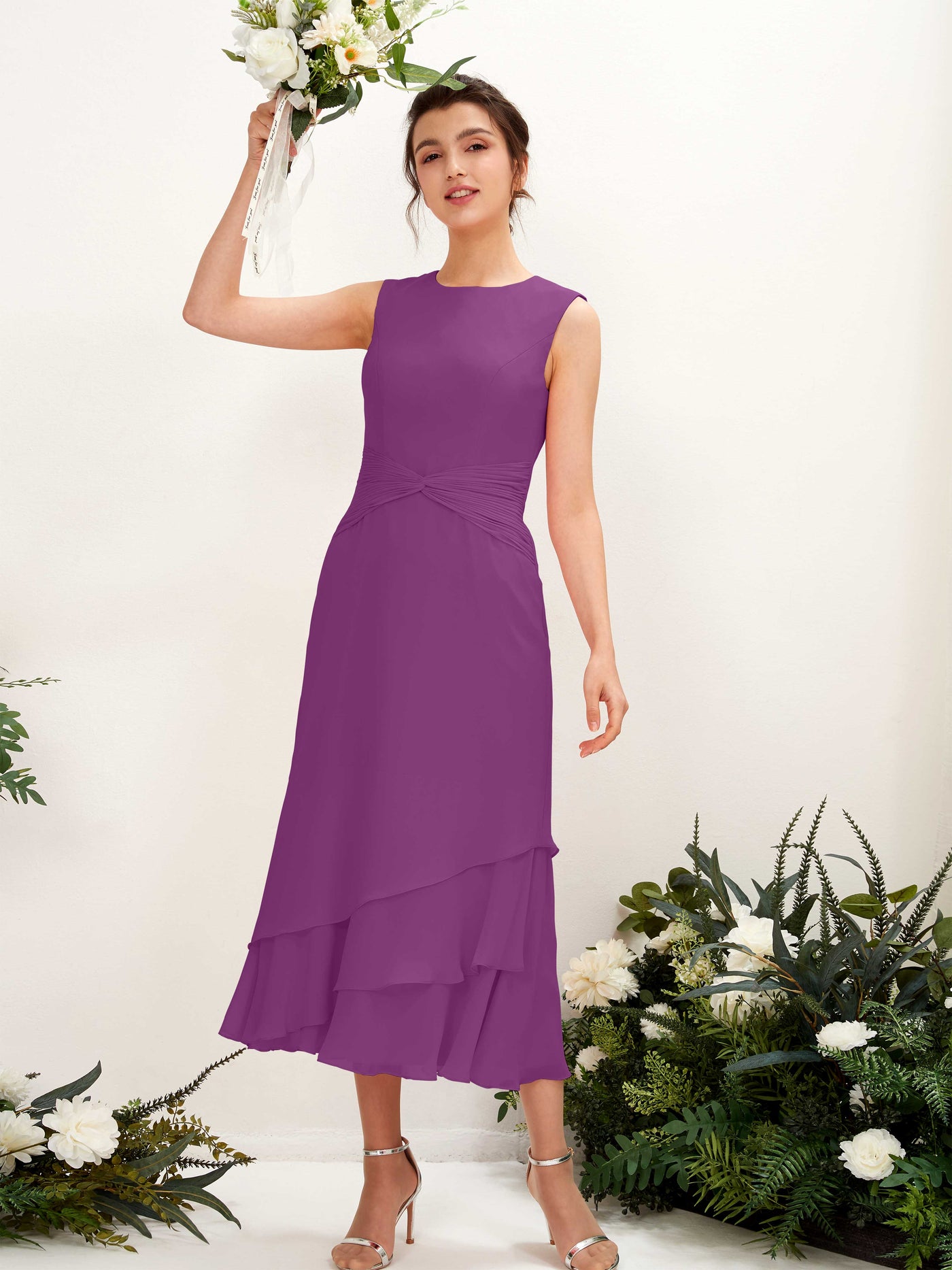 Purple Bridesmaid Dresses Bridesmaid Dress Mermaid/Trumpet Chiffon Round Tea Length Sleeveless Wedding Party Dress (81221936)#color_purple