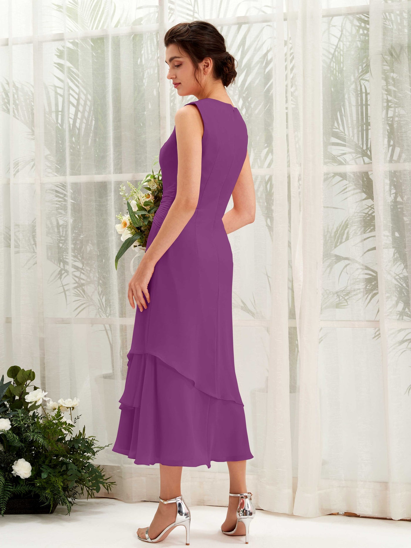 Purple Bridesmaid Dresses Bridesmaid Dress Mermaid/Trumpet Chiffon Round Tea Length Sleeveless Wedding Party Dress (81221936)#color_purple