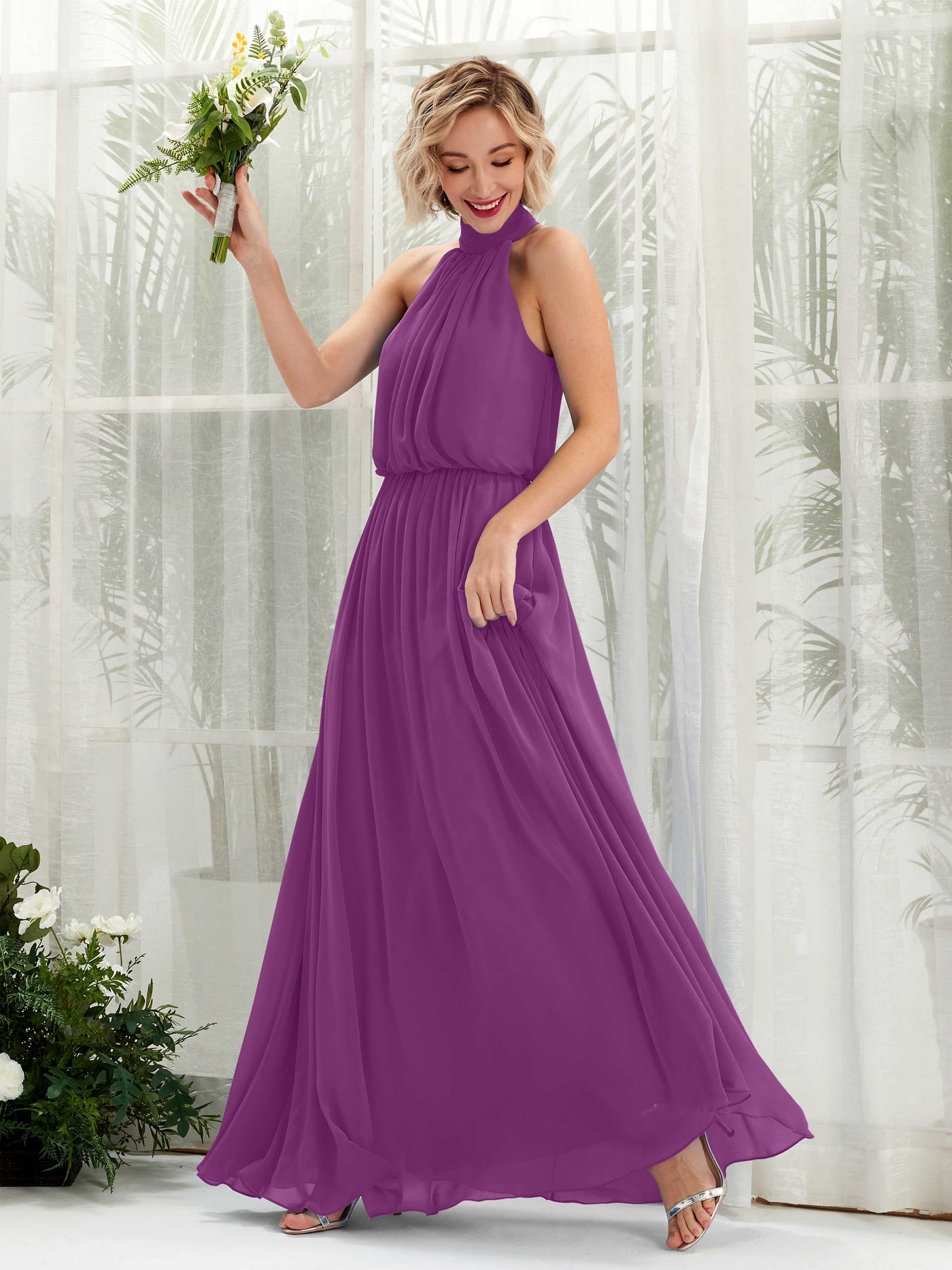 Purple Bridesmaid Dresses Bridesmaid Dress A-line Chiffon Halter Full Length Sleeveless Wedding Party Dress (81222936)#color_purple