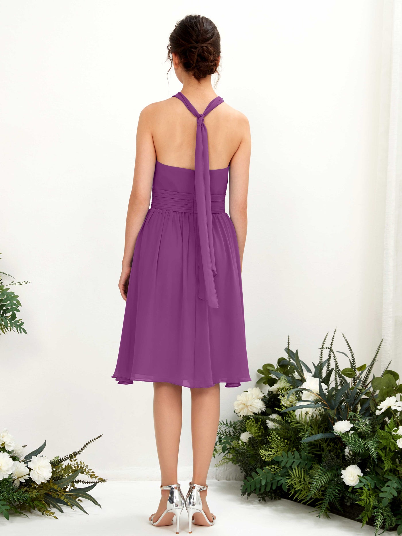 Purple Bridesmaid Dresses Bridesmaid Dress A-line Chiffon Halter Knee Length Sleeveless Wedding Party Dress (81222636)#color_purple
