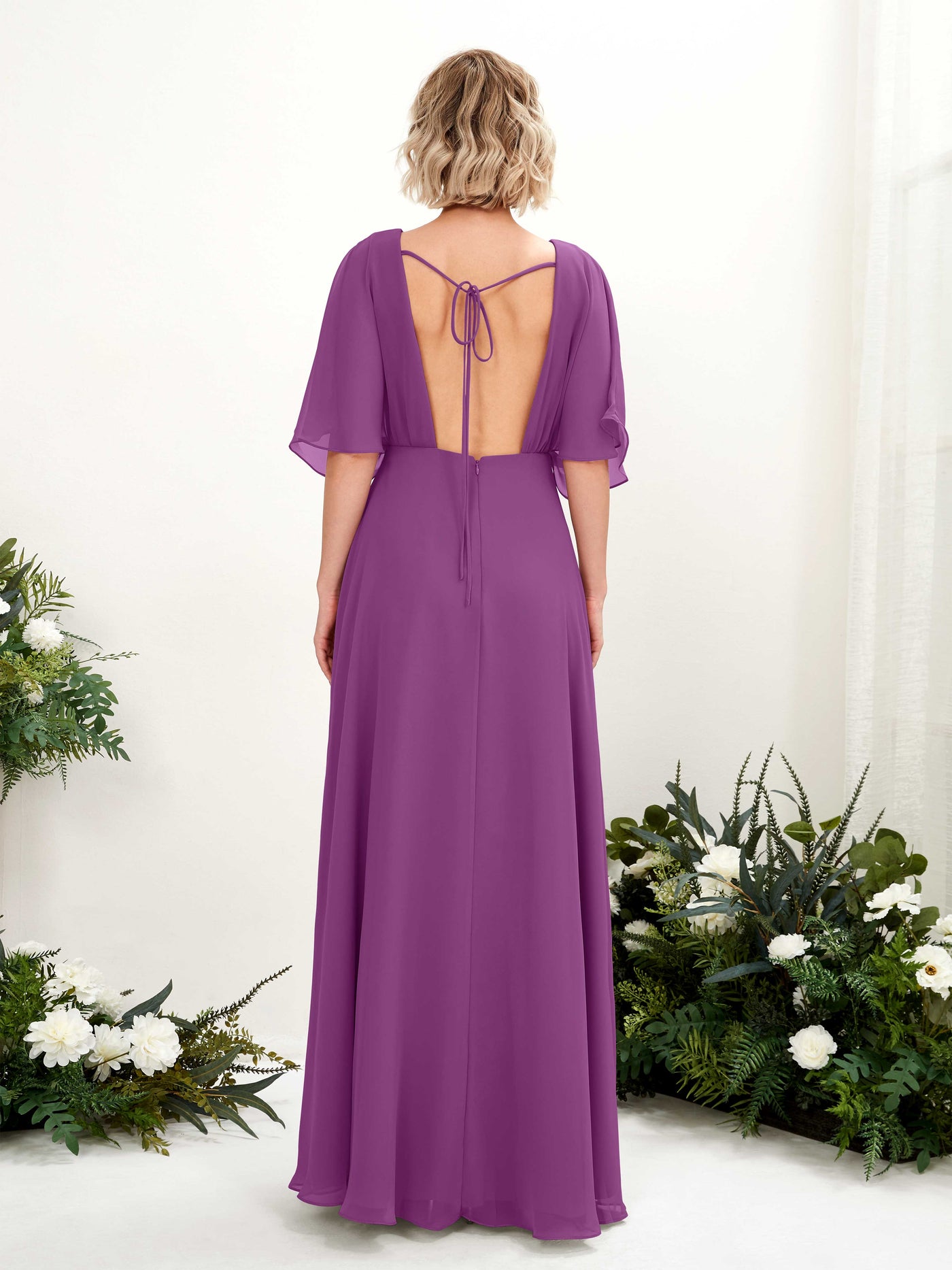 Purple Bridesmaid Dresses Bridesmaid Dress A-line Chiffon V-neck Full Length Short Sleeves Wedding Party Dress (81225136)#color_purple