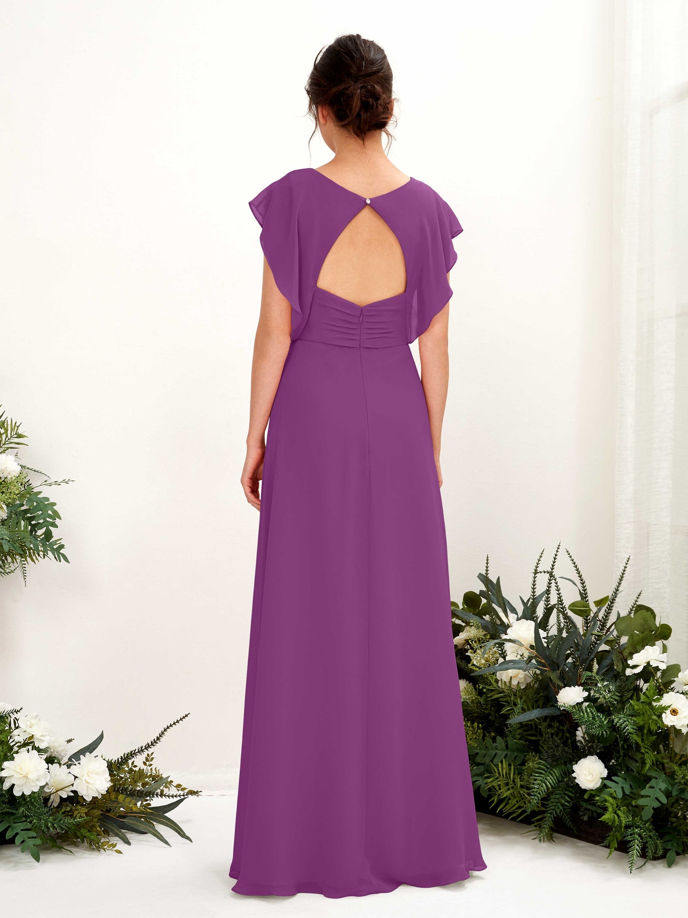 Purple Bridesmaid Dresses Bridesmaid Dress A-line Chiffon V-neck Full Length Short Sleeves Wedding Party Dress (81225636)#color_purple