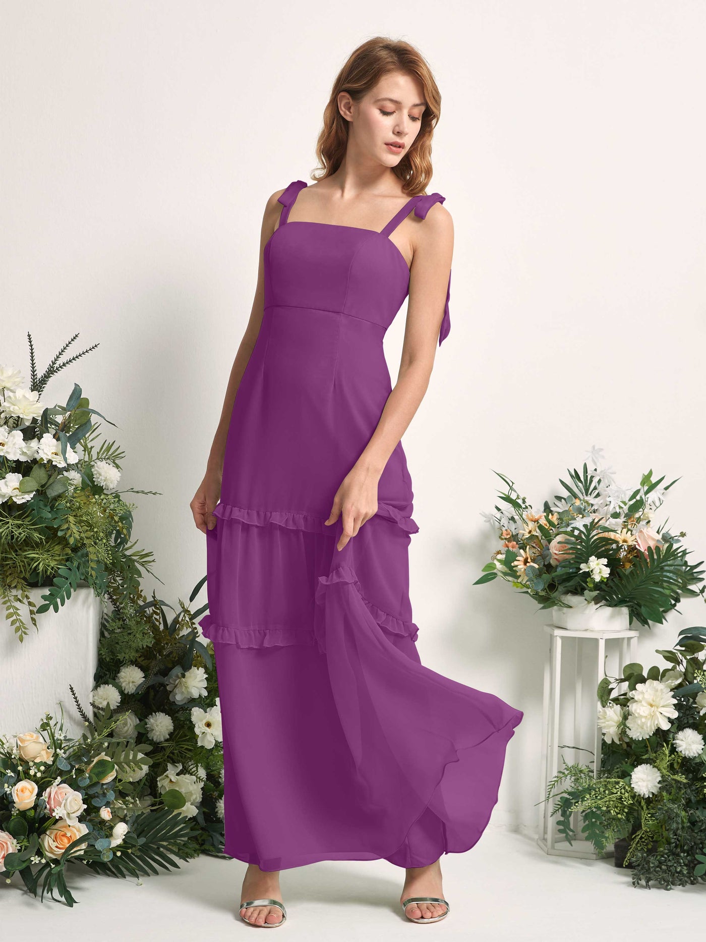 Bridesmaid Dress Chiffon Straps Full Length Sleeveless Wedding Party Dress - Purple (81227536)#color_purple