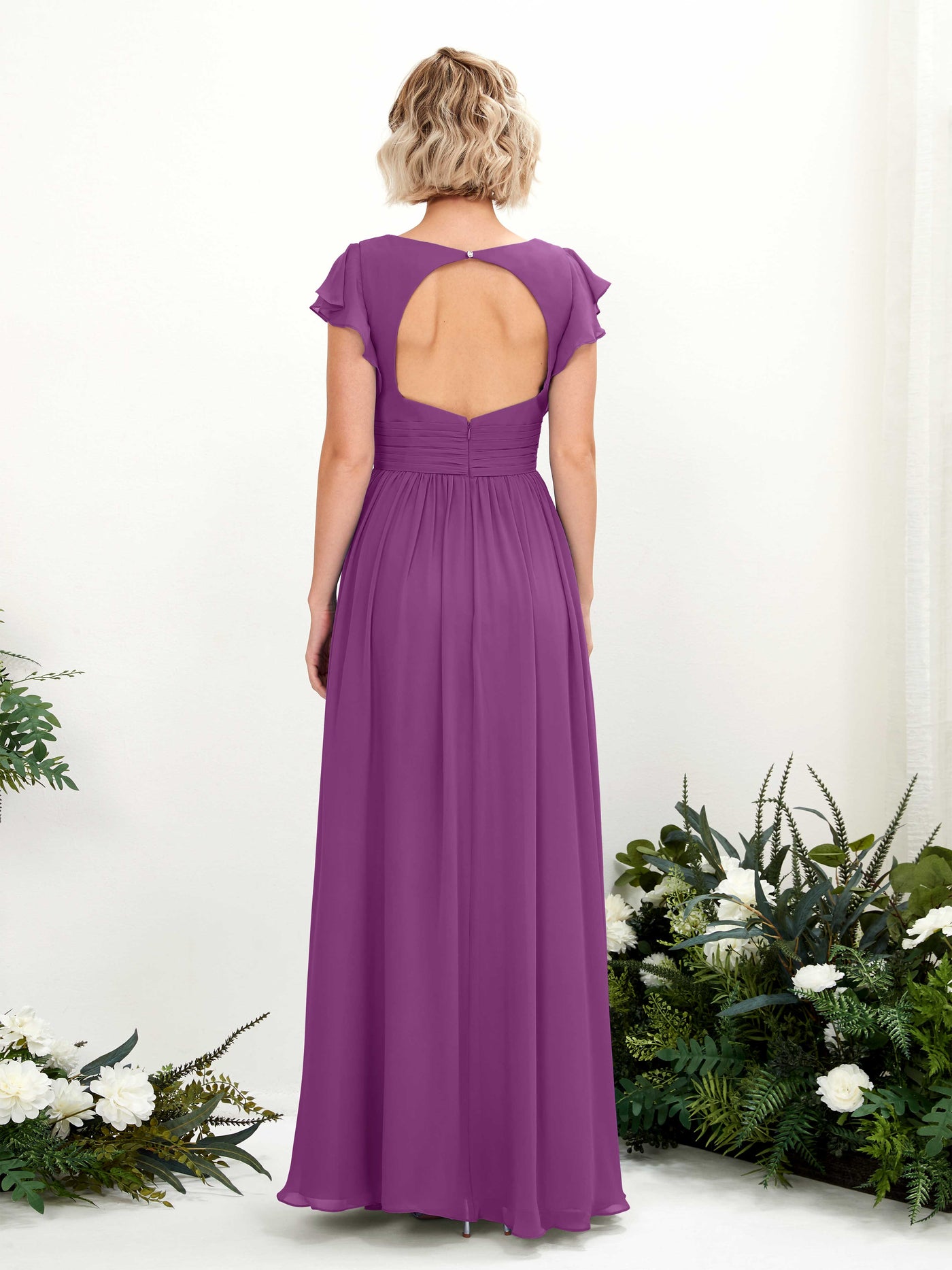 Purple Bridesmaid Dresses Bridesmaid Dress A-line Chiffon V-neck Full Length Short Sleeves Wedding Party Dress (81222736)#color_purple