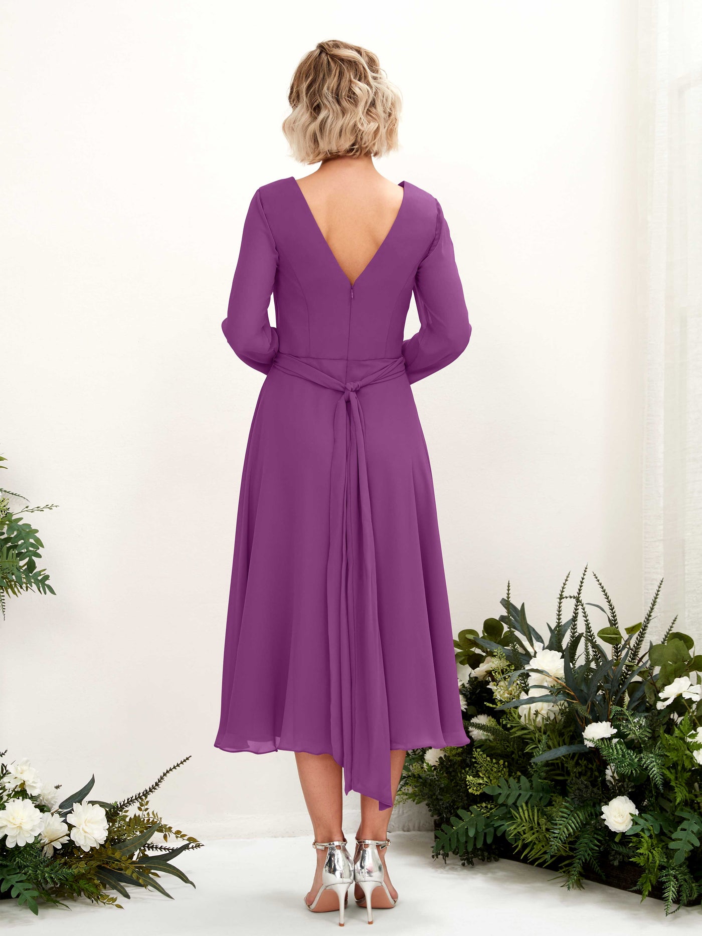 Purple Bridesmaid Dresses Bridesmaid Dress Chiffon V-neck Tea Length Long Sleeves Wedding Party Dress (81223336)#color_purple