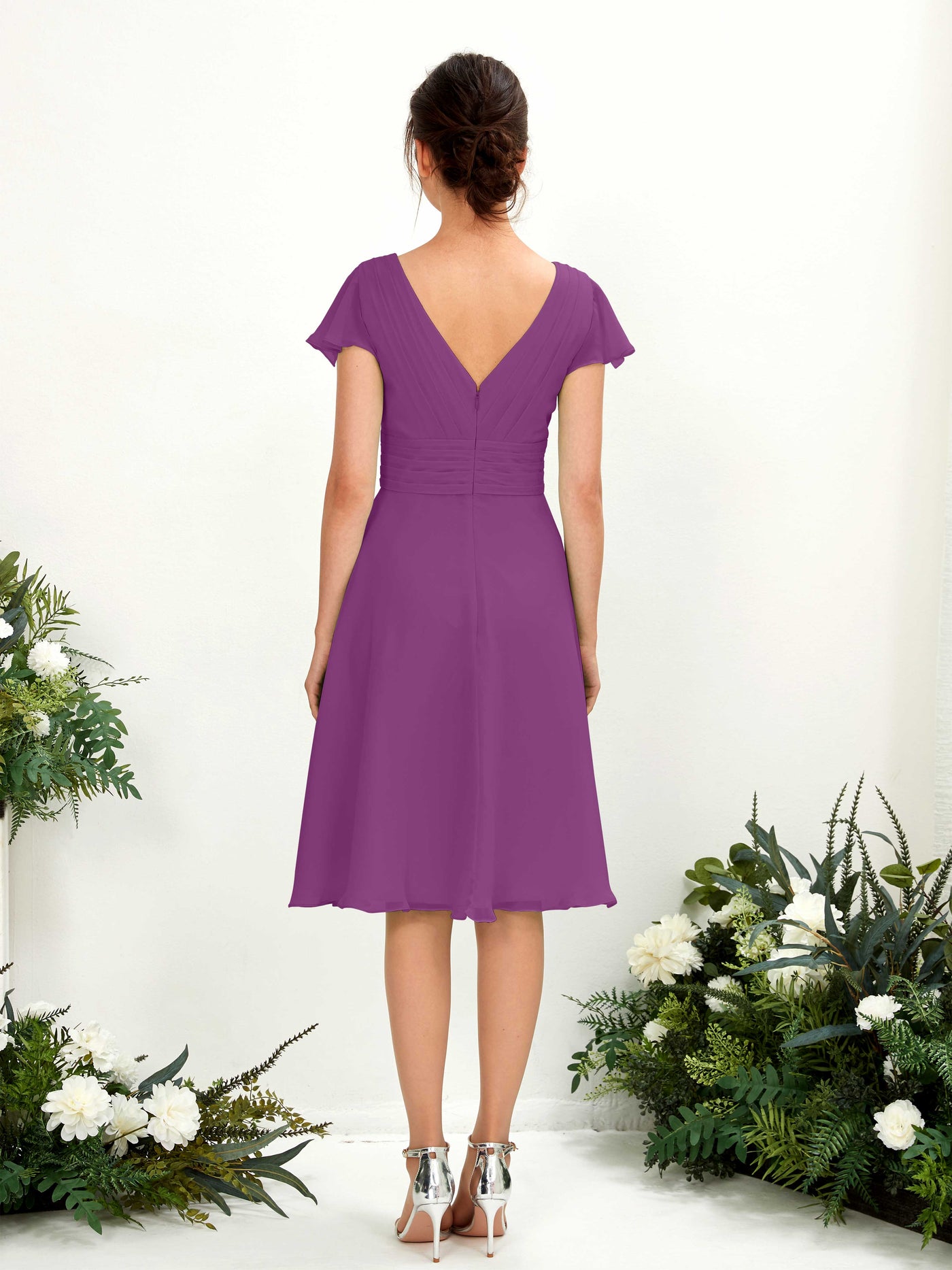 Purple Bridesmaid Dresses Bridesmaid Dress Chiffon V-neck Knee Length Short Sleeves Wedding Party Dress (81220236)#color_purple