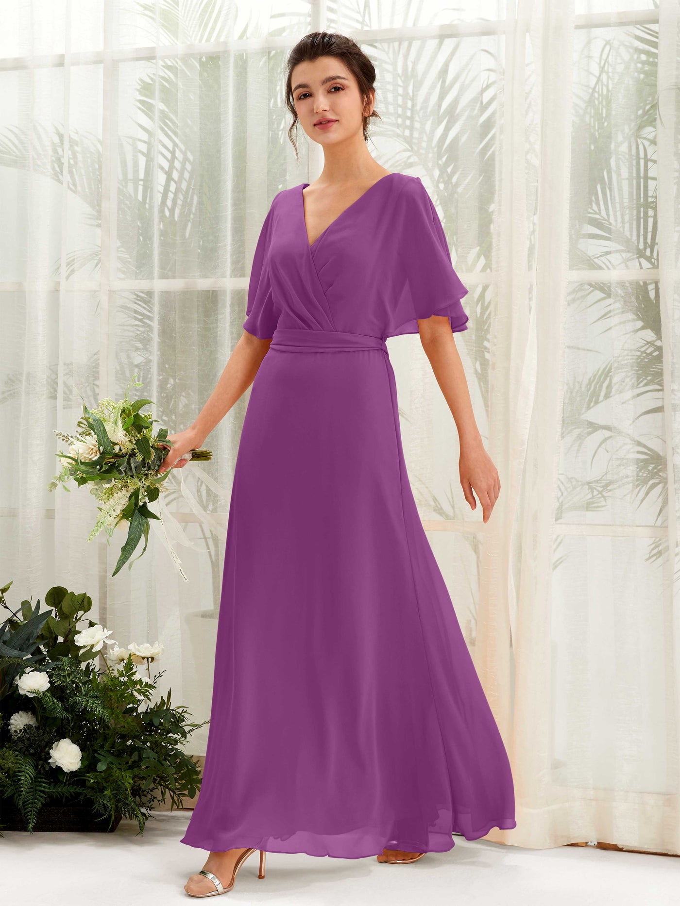Purple Bridesmaid Dresses Bridesmaid Dress A-line Chiffon V-neck Full Length Short Sleeves Wedding Party Dress (81222436)#color_purple