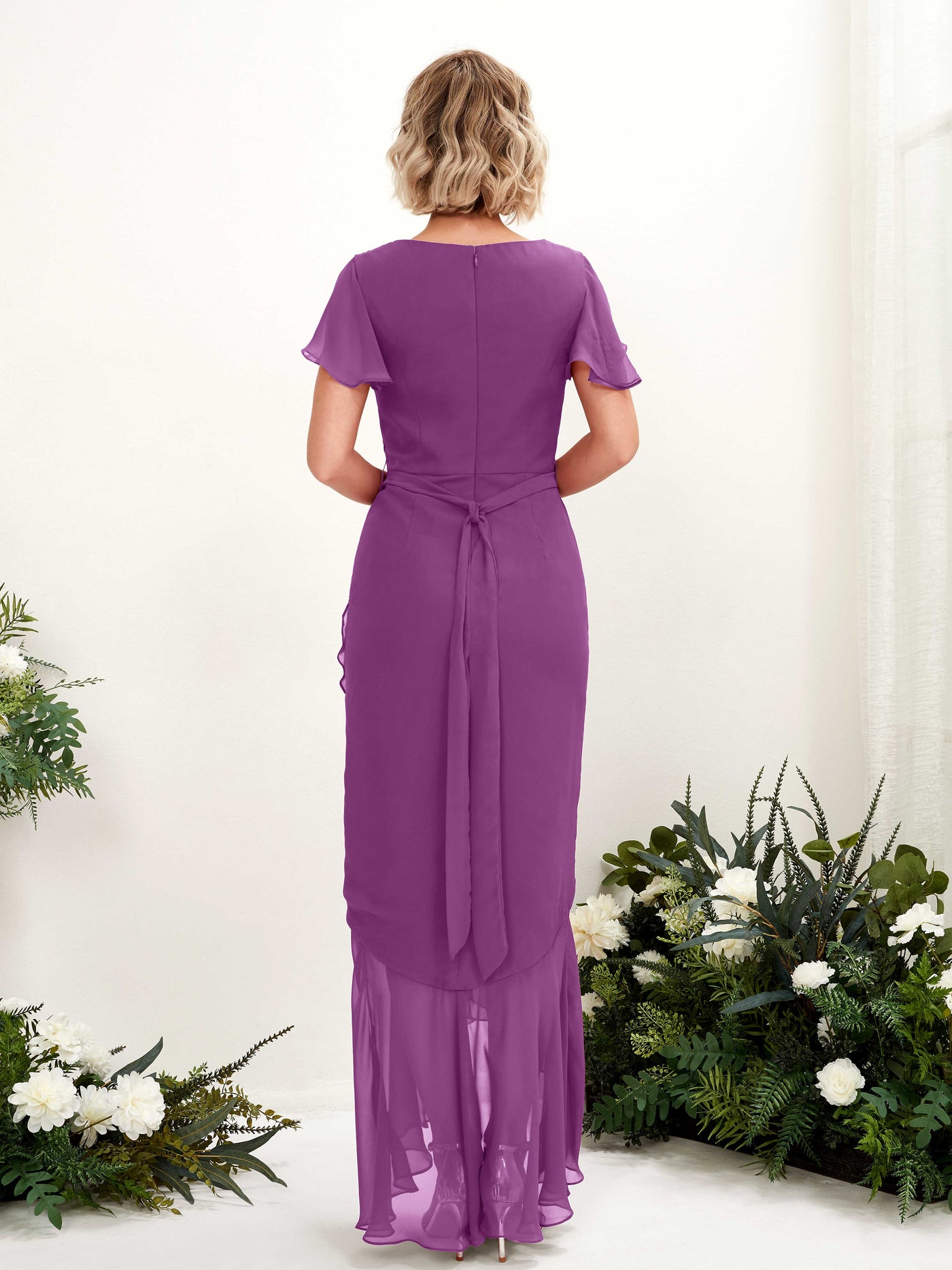 V-neck Short Sleeves Chiffon Bridesmaid Dress - Purple (81226236)#color_purple