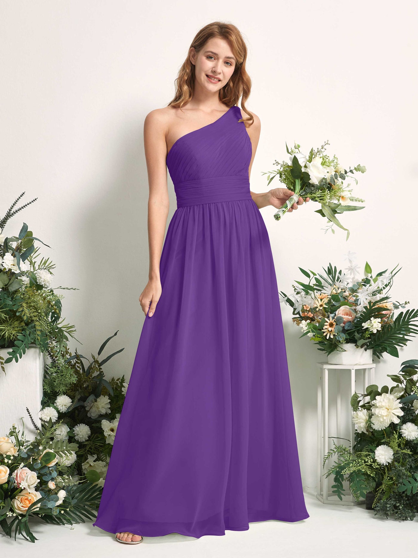 Bridesmaid Dress A-line Chiffon One Shoulder Full Length Sleeveless Wedding Party Dress - Regency (81226728)#color_regency