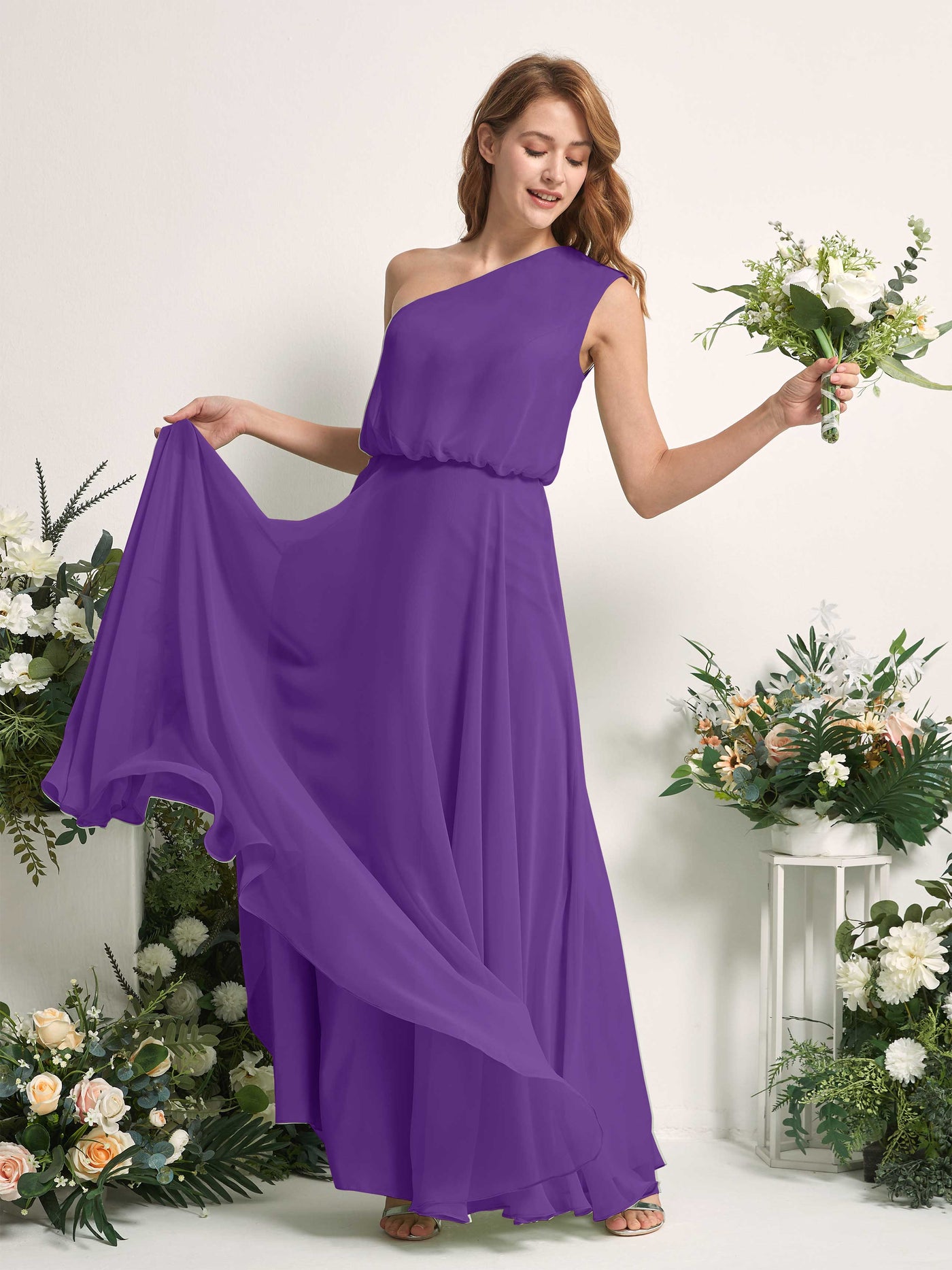 Bridesmaid Dress A-line Chiffon One Shoulder Full Length Sleeveless Wedding Party Dress - Regency (81226828)#color_regency