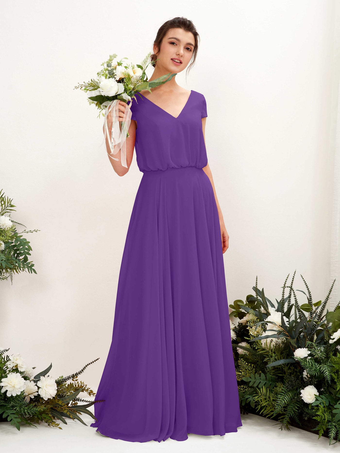 Regency Bridesmaid Dresses Bridesmaid Dress A-line Chiffon V-neck Full Length Short Sleeves Wedding Party Dress (81221828)#color_regency
