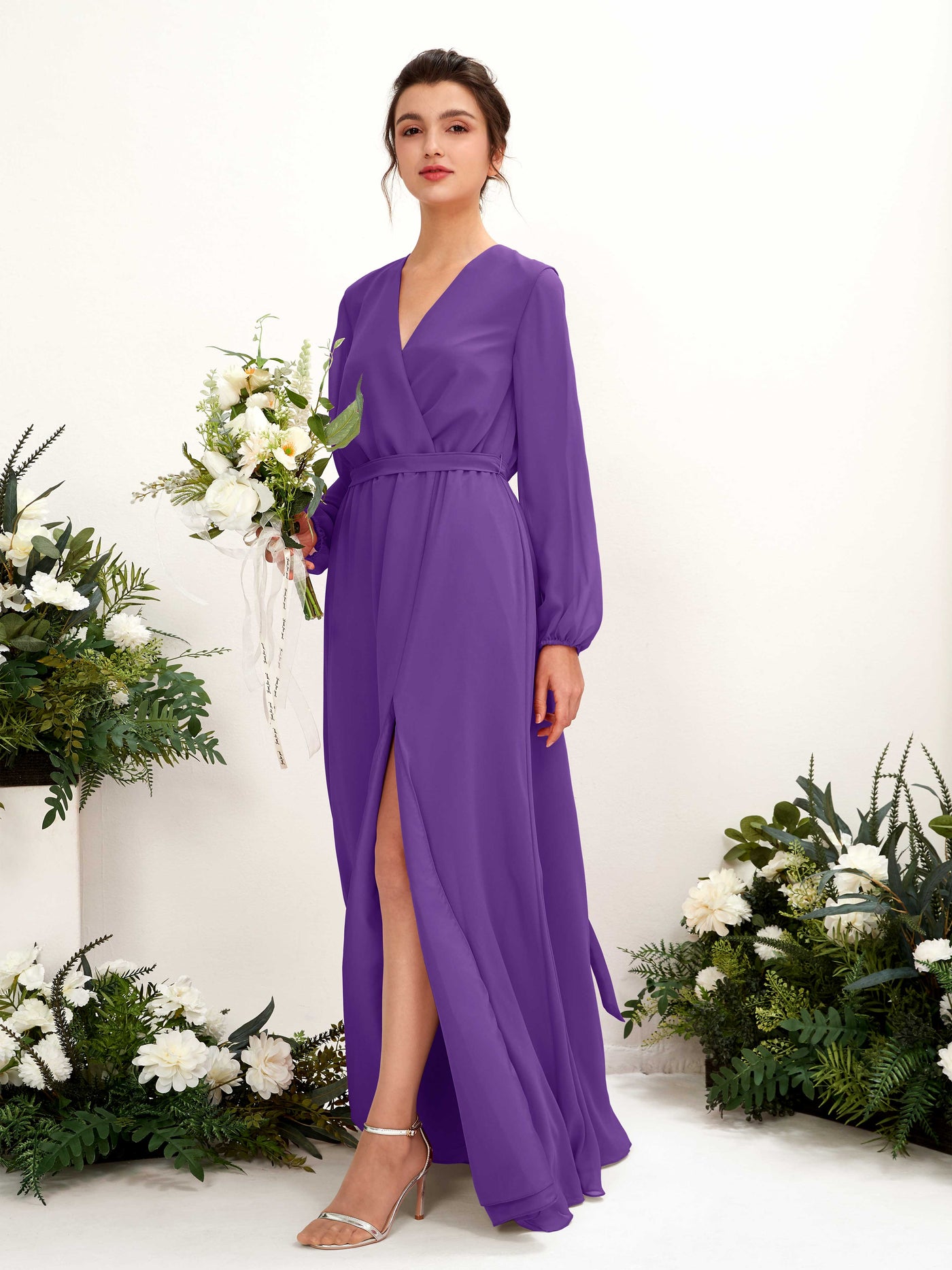 Regency Bridesmaid Dresses Bridesmaid Dress A-line Chiffon V-neck Full Length Long Sleeves Wedding Party Dress (81223228)#color_regency