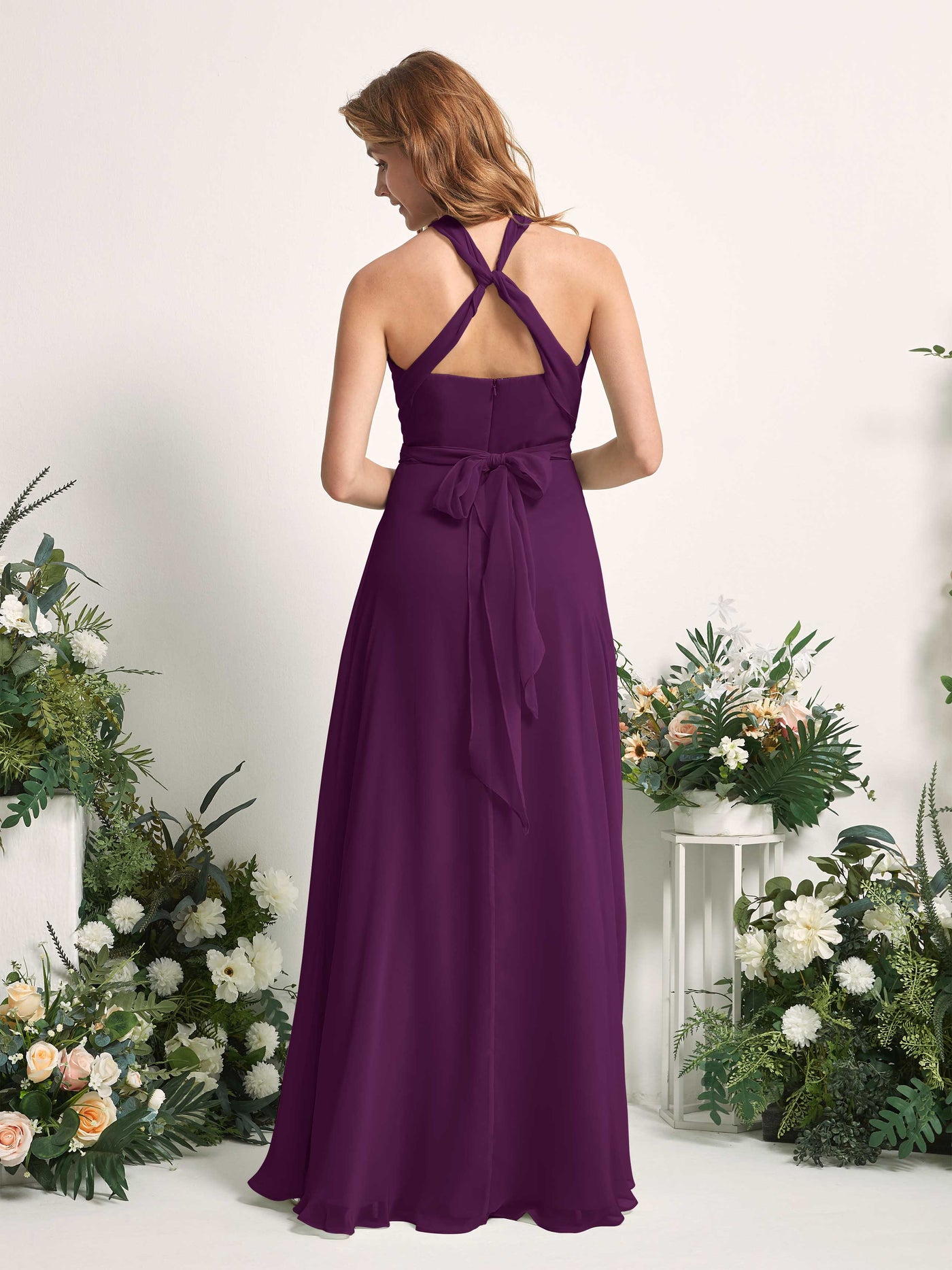 Grape Bridesmaid Dresses Bridesmaid Dress A-line Chiffon Halter Full Length Short Sleeves Wedding Party Dress (81226331)#color_grape