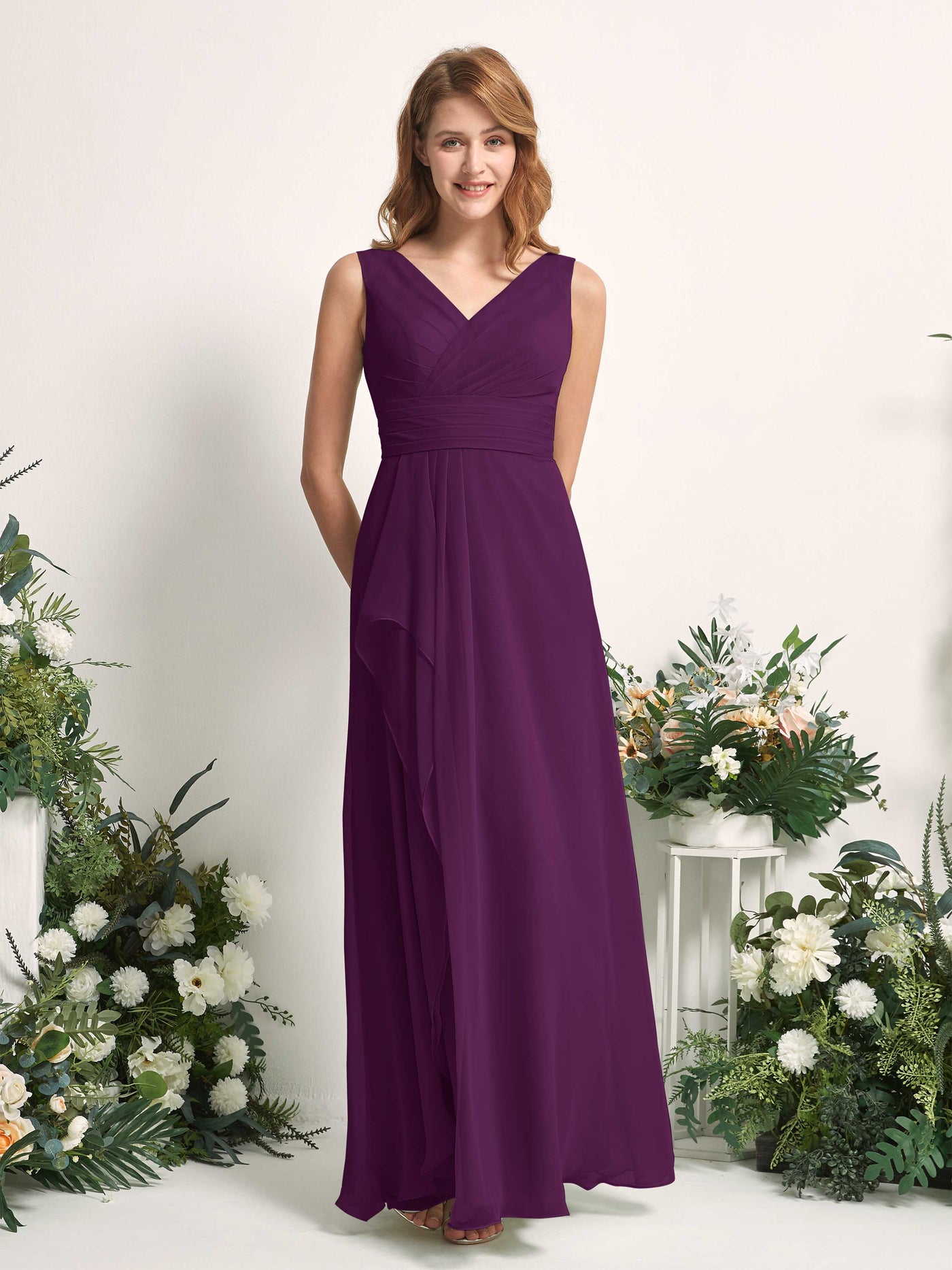 Bridesmaid Dress A-line Chiffon V-neck Full Length Sleeveless Wedding Party Dress - Grape (81227131)#color_grape